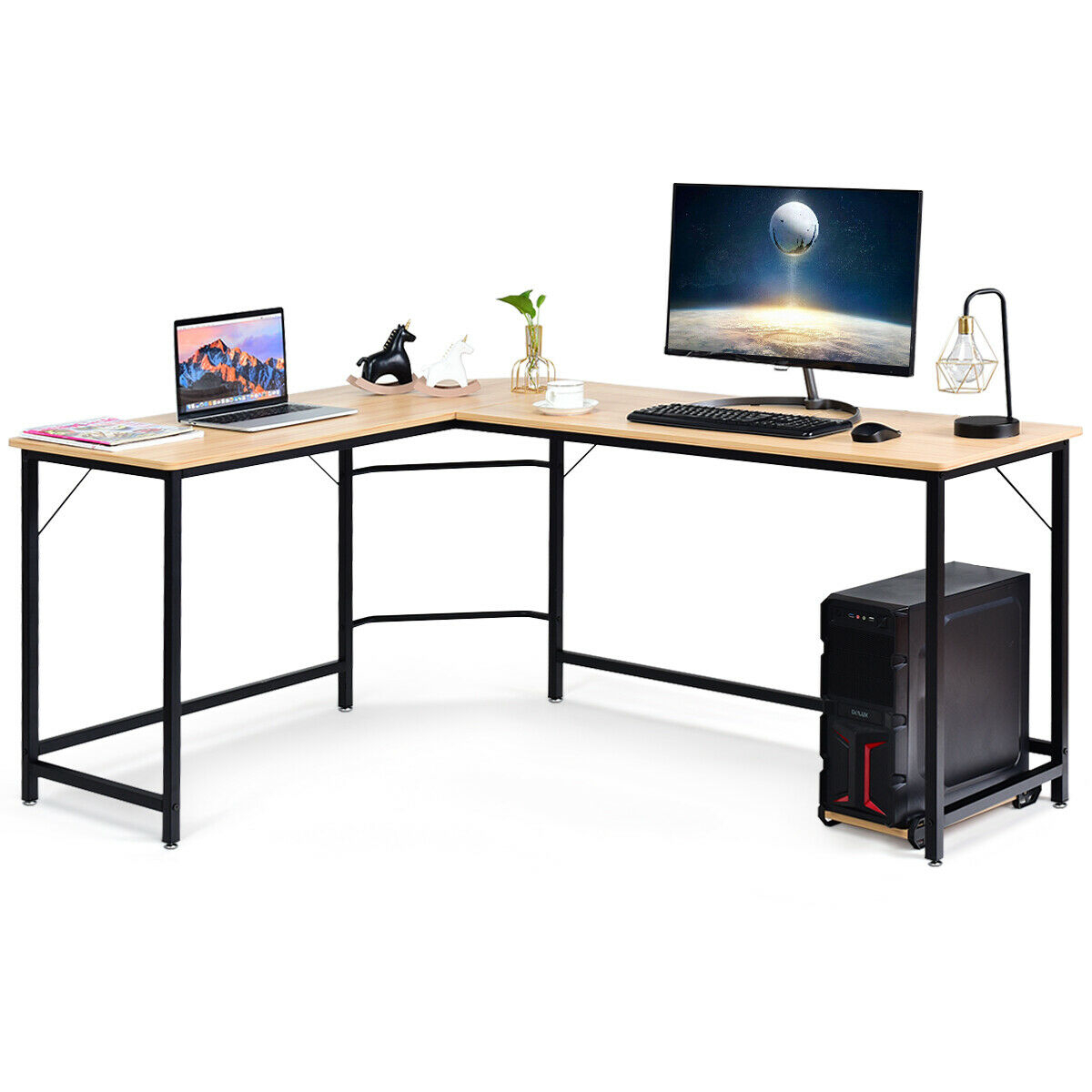 L Shaped Desk Corner Computer Desk PC Laptop Gaming Table Workstation Black/Natural/Brown - Natural