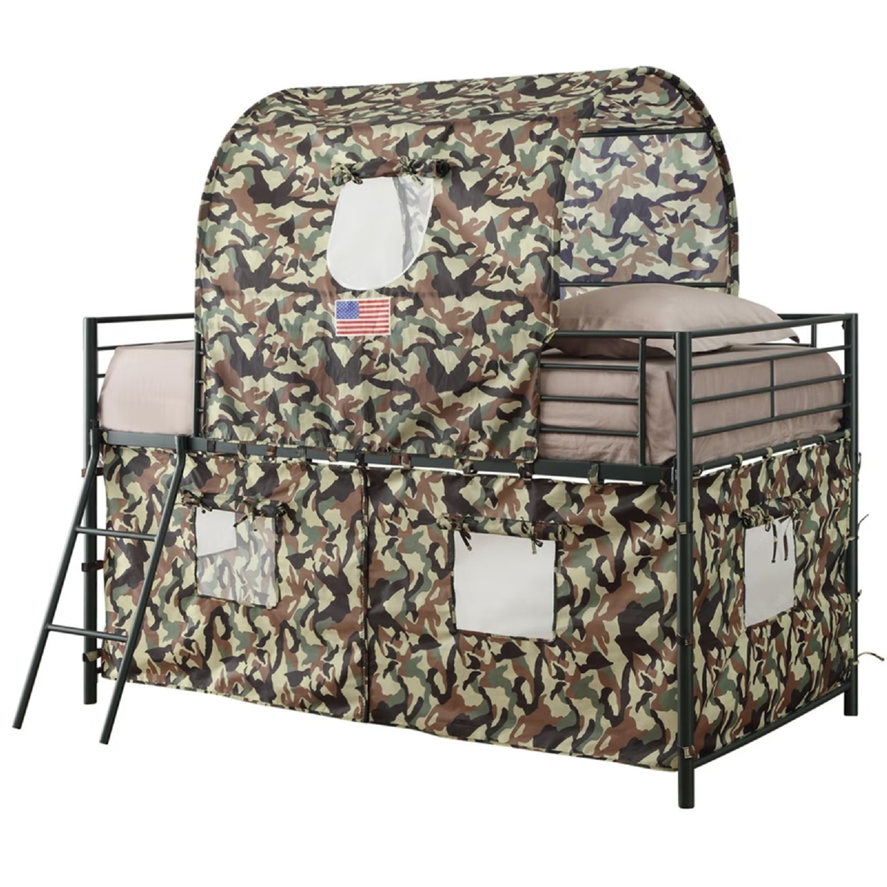 Camouflage Metal & Fabric Tent Loft Bed, Multicolor- Saltoro Sherpi