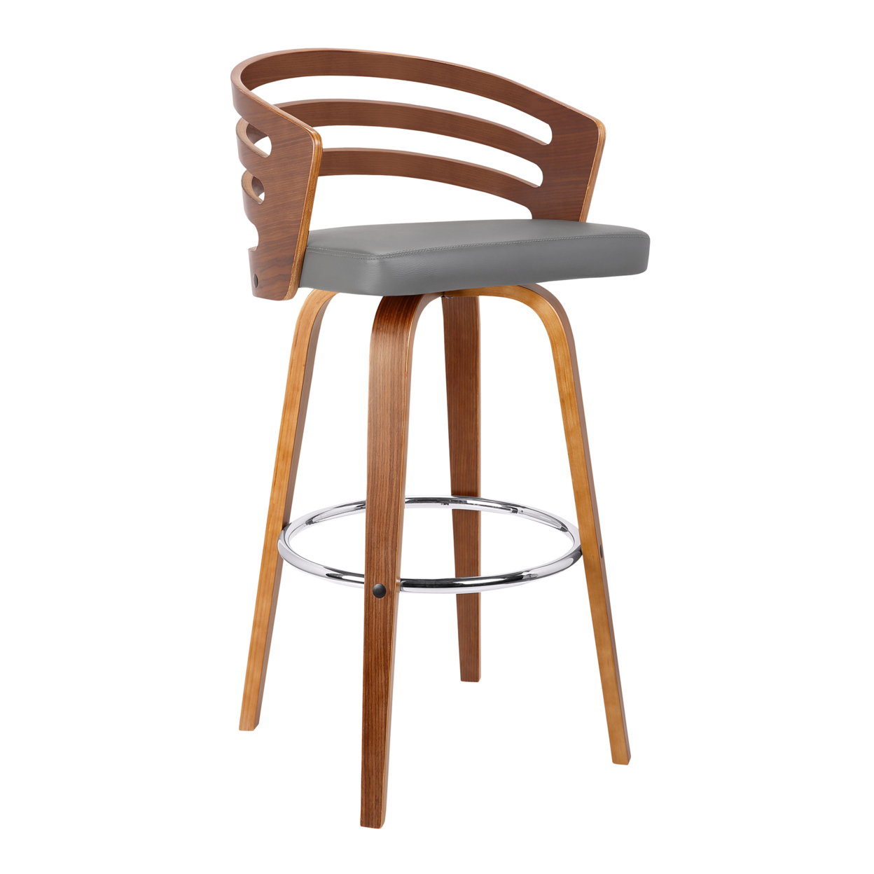 Leatherette Swivel Wooden Barstool With Curved Back, Brown And Gray- Saltoro Sherpi