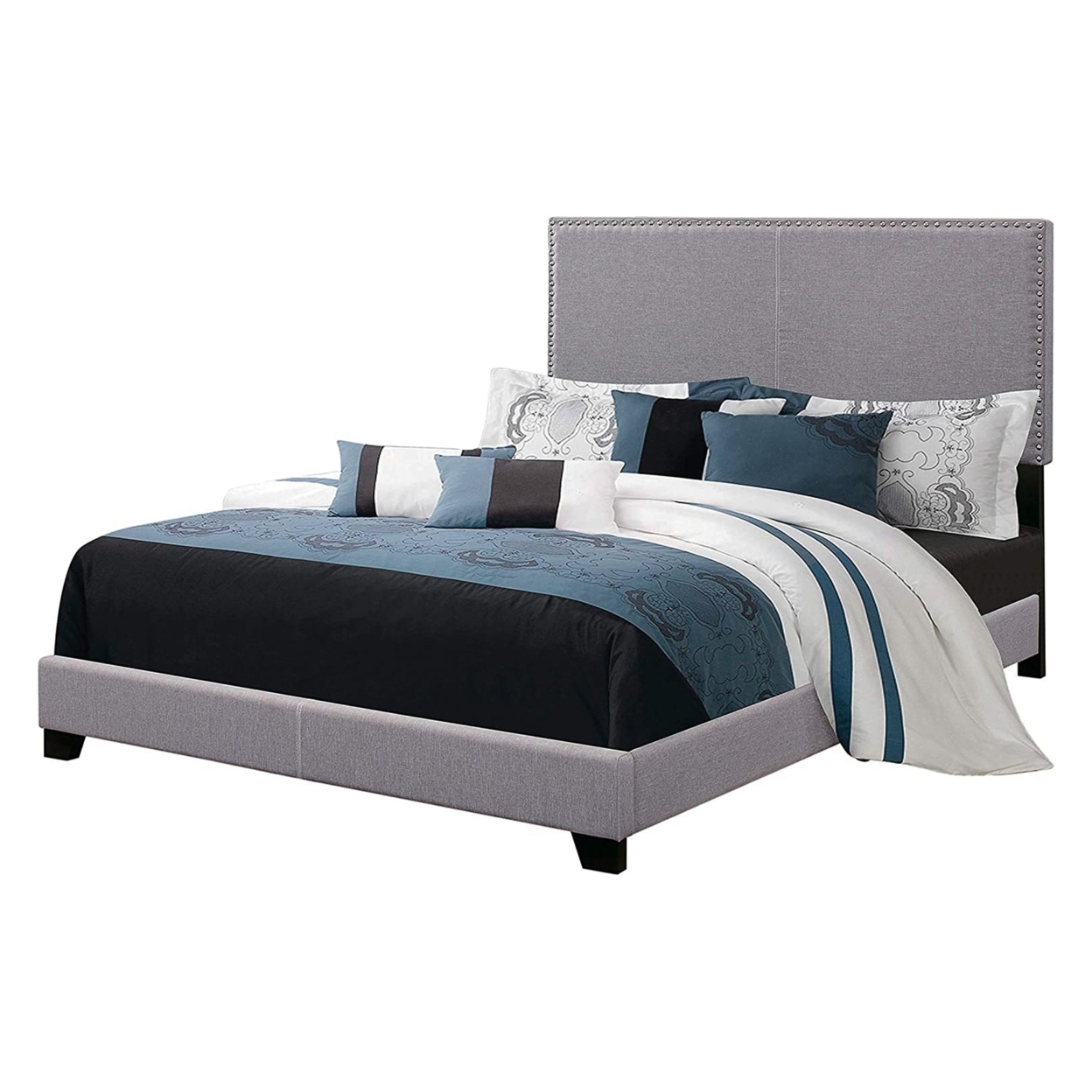 Fabric Upholstered Queen Size Platform Bed With Nail Head Trim, Gray- Saltoro Sherpi
