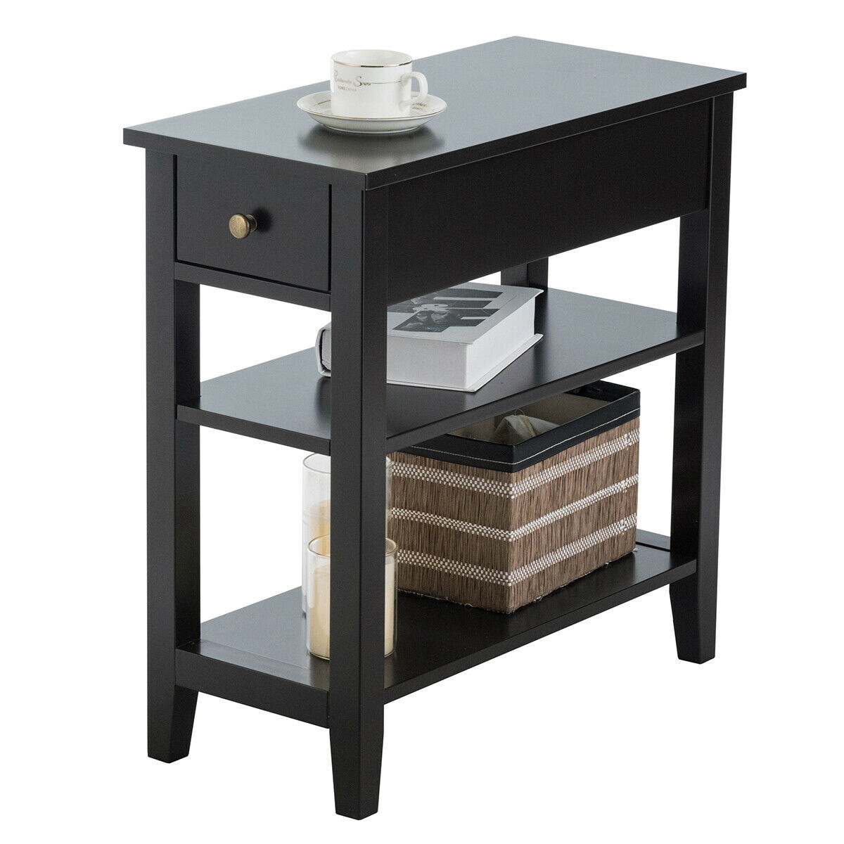 3 Tier Nightstand Bedside Table Sofa Side End Table W/Double Shelves Drawer - Black