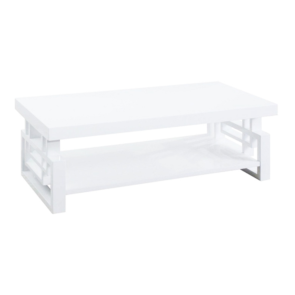 Contemporary Wooden Coffee End Table With Designer Sides & Shelf, Glossy White- Saltoro Sherpi