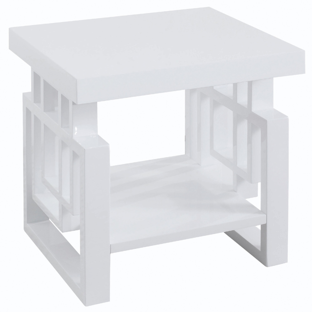 22 Inch Wood End Table, Geometric Frame, 1 Shelf, Glossy White- Saltoro Sherpi