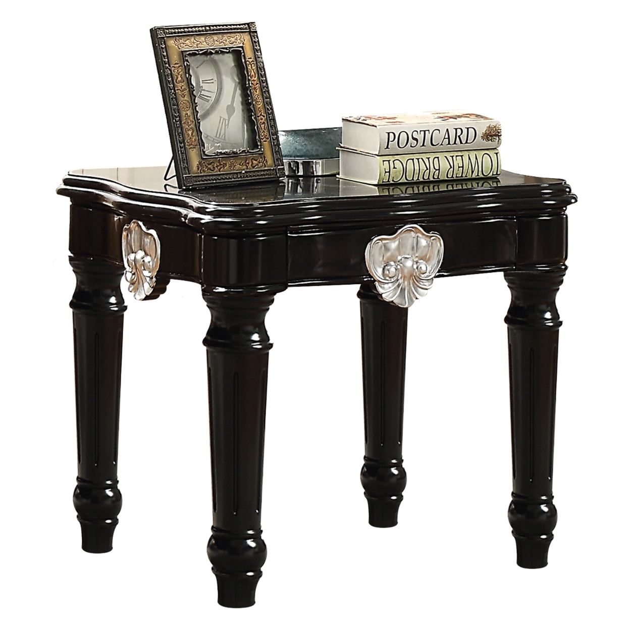 Wooden End Table With Contrast Carved Motif Turned Legs, Black- Saltoro Sherpi