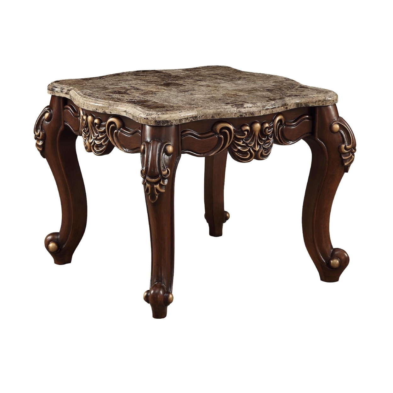 Square Marble Top End Table With Carved Floral Motifs Wooden Feet, Brown- Saltoro Sherpi