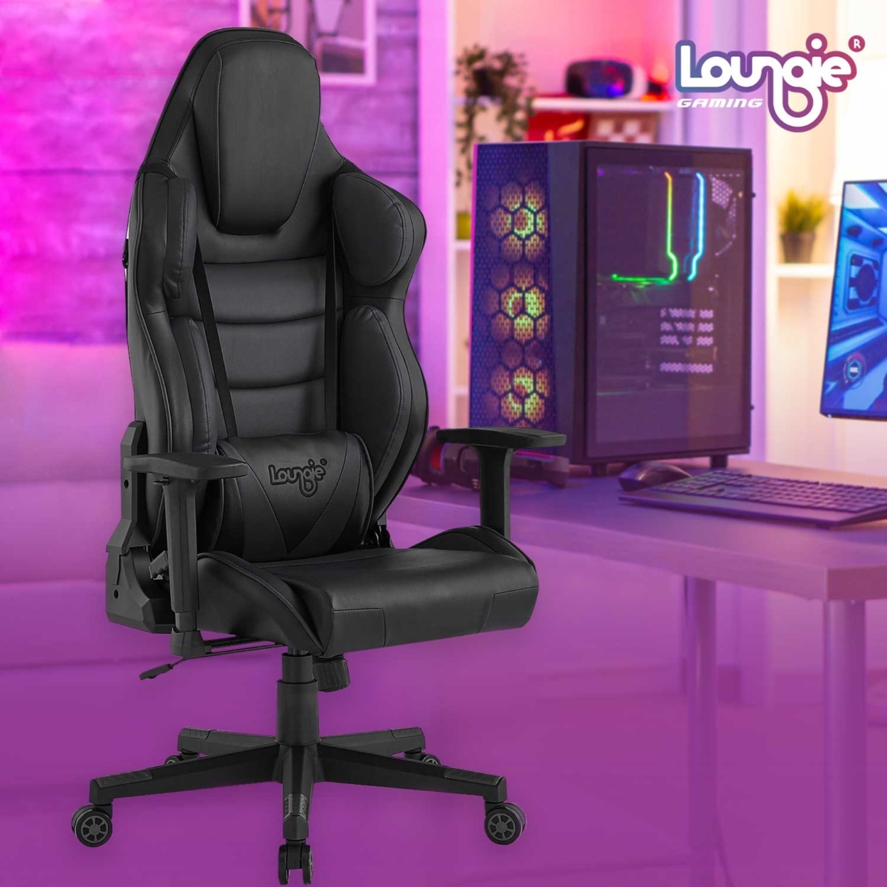 Kiya Game Chair-Swivel, Adjustable Back Angle, Seat Height and Armrest-Big Headrest, 360 Degree Rotation-Lumbar Support Cushion - black
