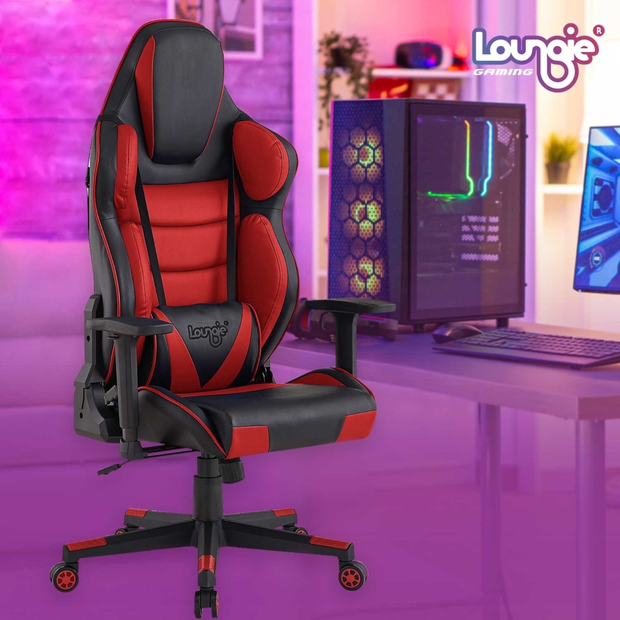 Kiya Game Chair-Swivel, Adjustable Back Angle, Seat Height and Armrest-Big Headrest, 360 Degree Rotation-Lumbar Support Cushion - red