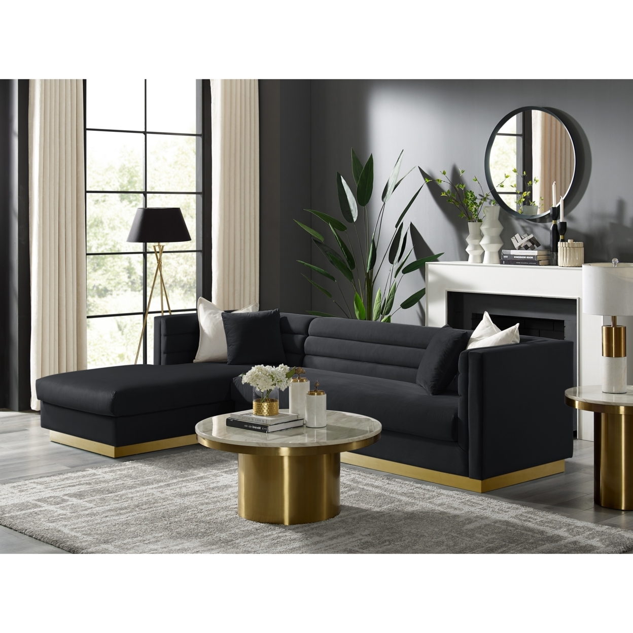 Aja Sofa-Upholstered-Sectional-Metal Base, Square Arms-Horizontal Channel Tufting - black