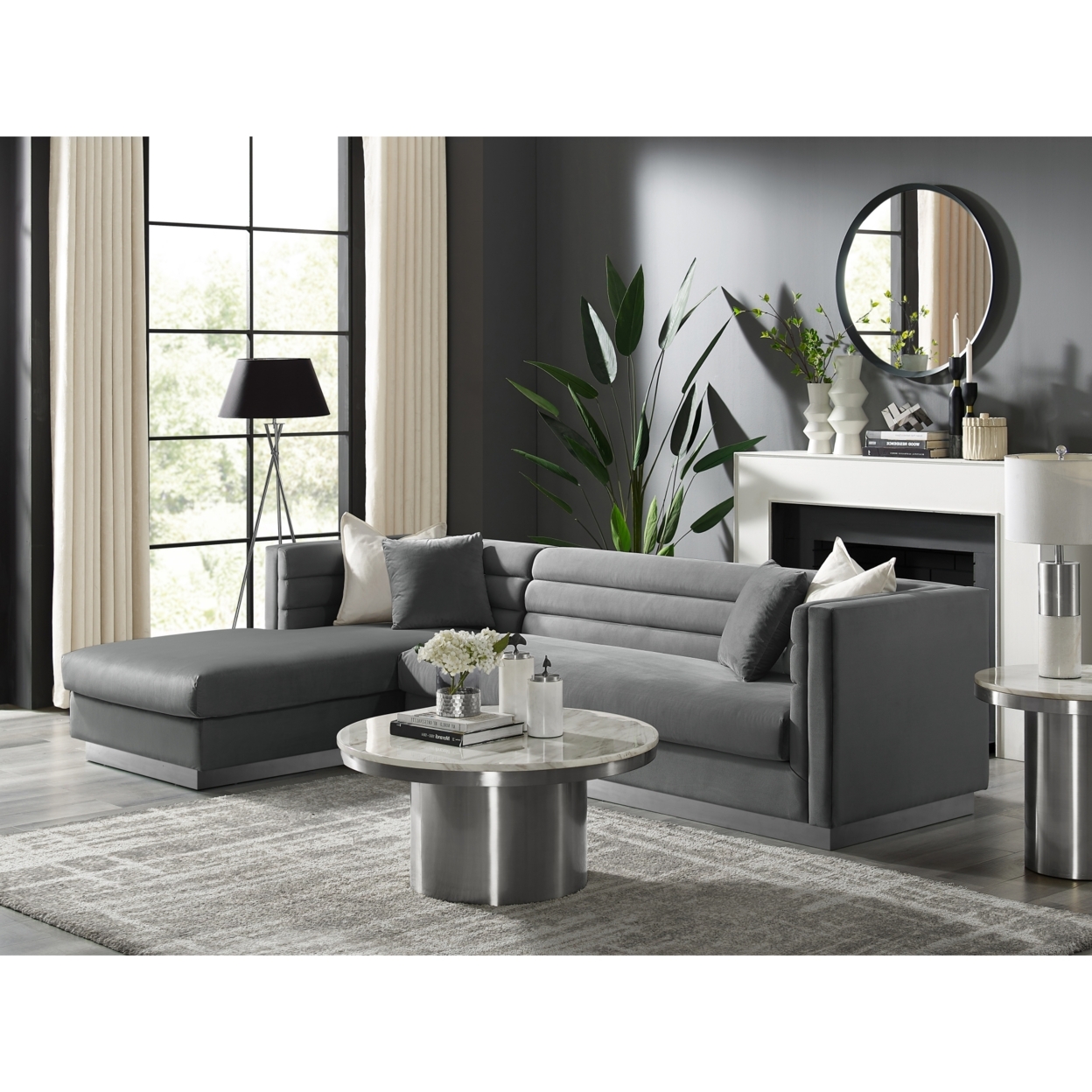 Aja Sofa-Upholstered-Sectional-Metal Base, Square Arms-Horizontal Channel Tufting - dark grey