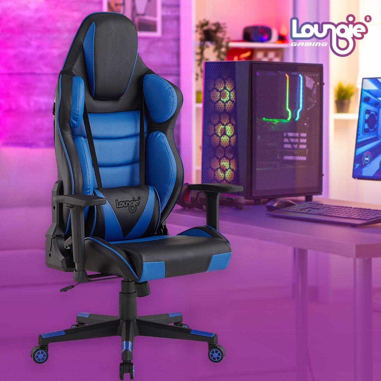 Kiya Game Chair-Swivel, Adjustable Back Angle, Seat Height and Armrest-Big Headrest, 360 Degree Rotation-Lumbar Support Cushion - navy - navy blue