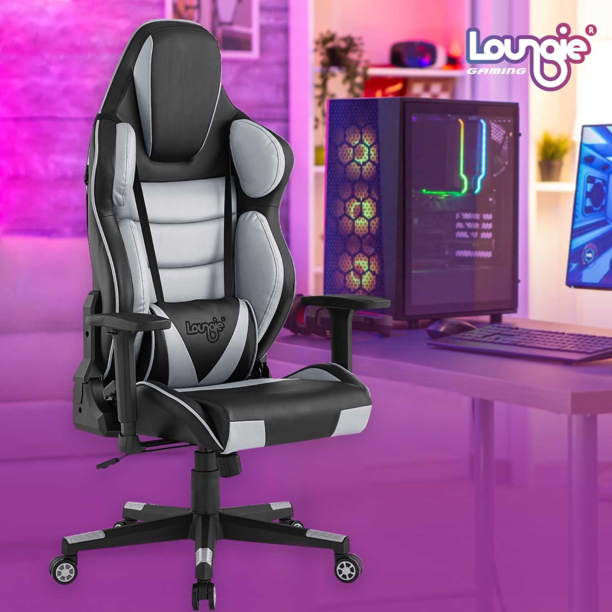 Kiya Game Chair-Swivel, Adjustable Back Angle, Seat Height and Armrest-Big Headrest, 360 Degree Rotation-Lumbar Support Cushion - grey