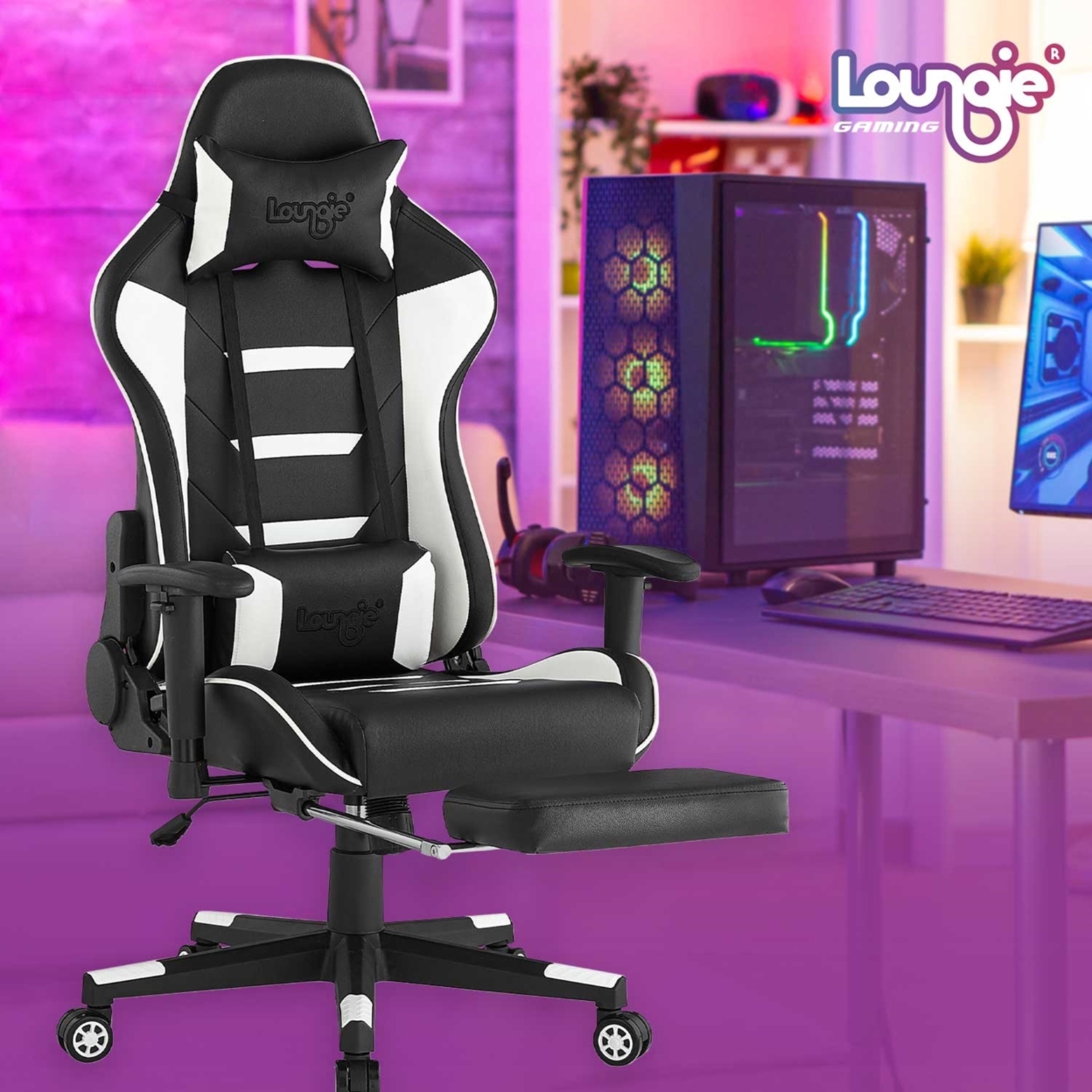 Benito Game Chair-Swivel, Adjustable Back Angle, Seat Height and Armrest-360 Degree Rotation-Neck Support, Lumbar Massage Cushion - white