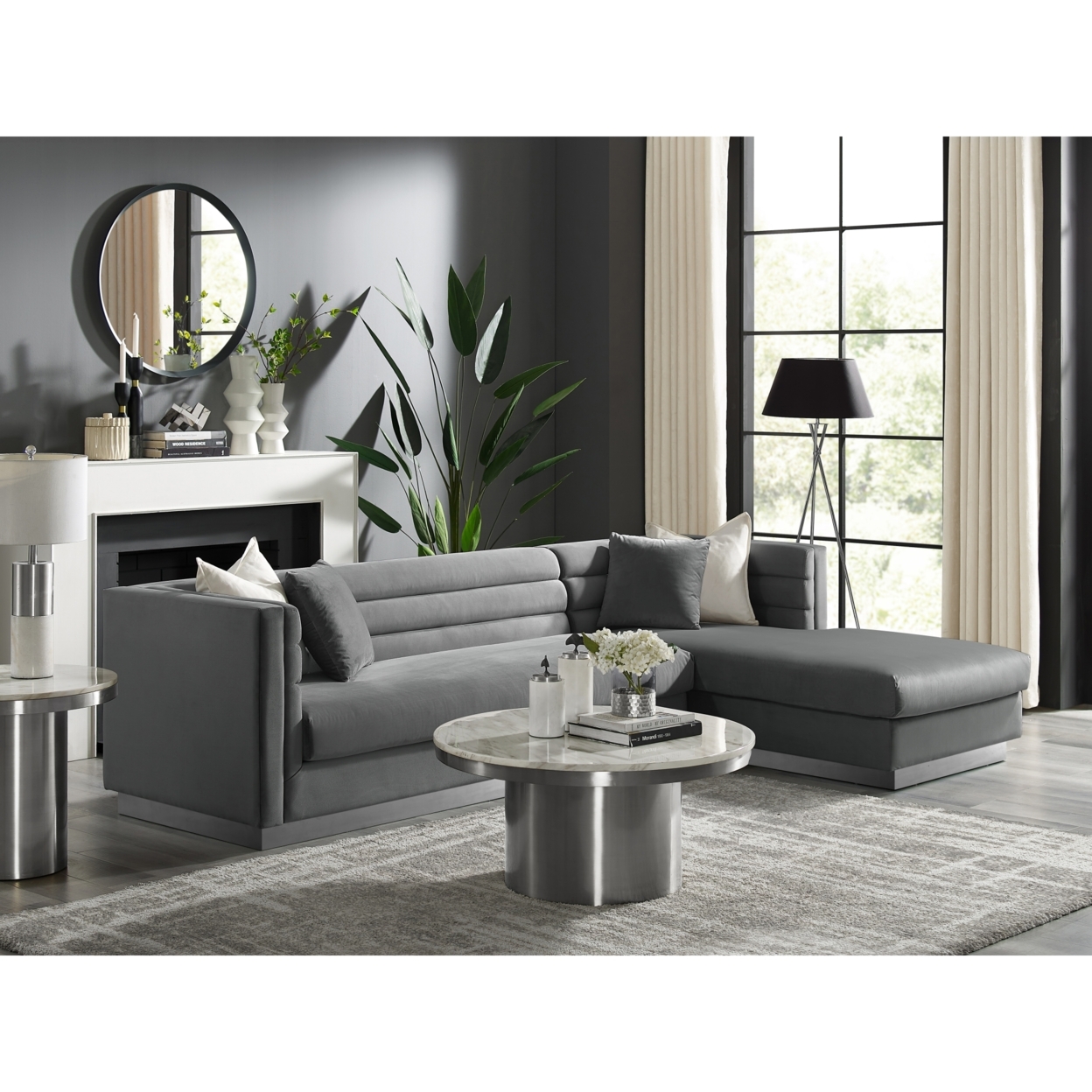 Aja Sofa-Upholstered-Modern-Metal Base, Square Arms-Horizontal Channel Tufting - Dark Grey