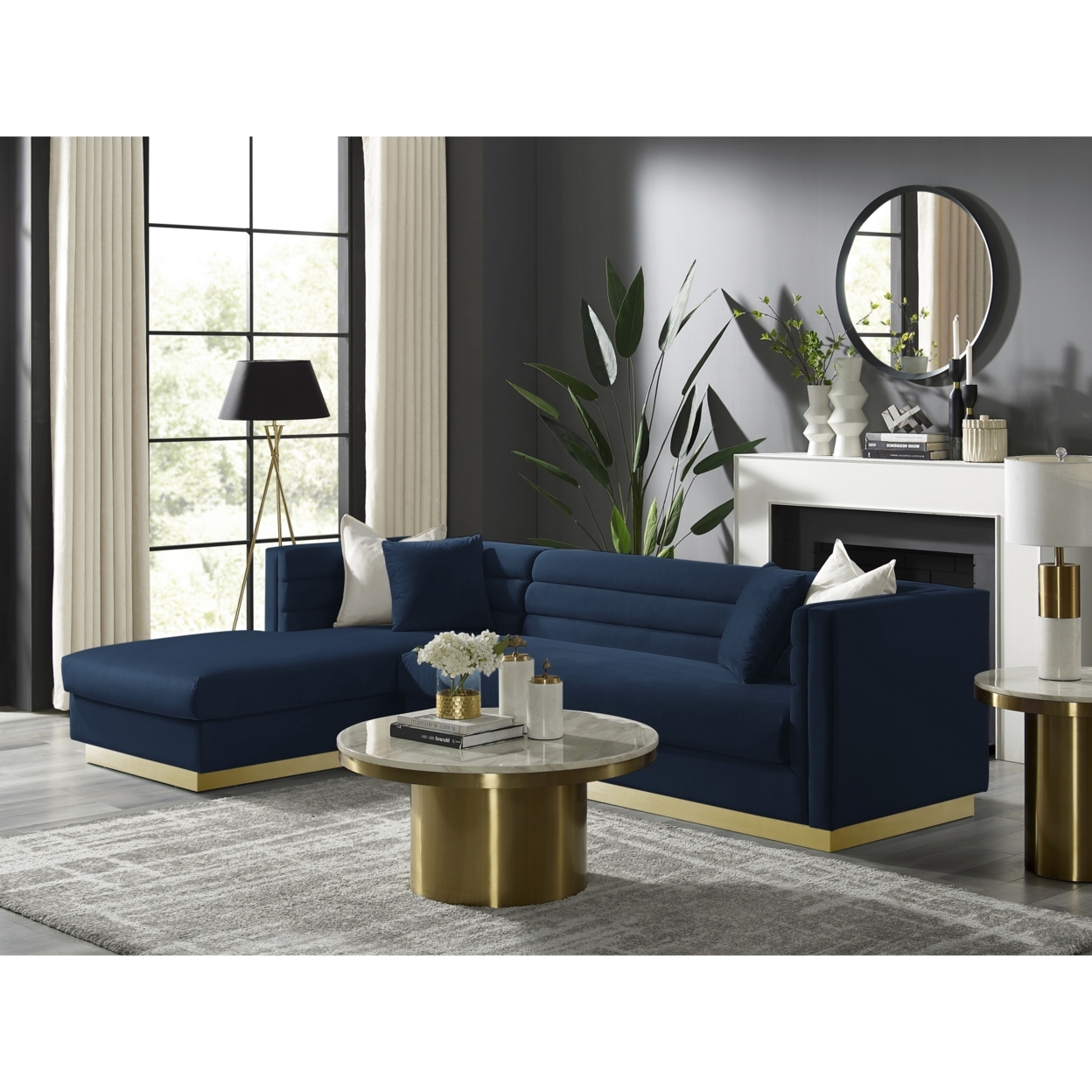 Aja Sofa-Upholstered-Sectional-Metal Base, Square Arms-Horizontal Channel Tufting - Navy