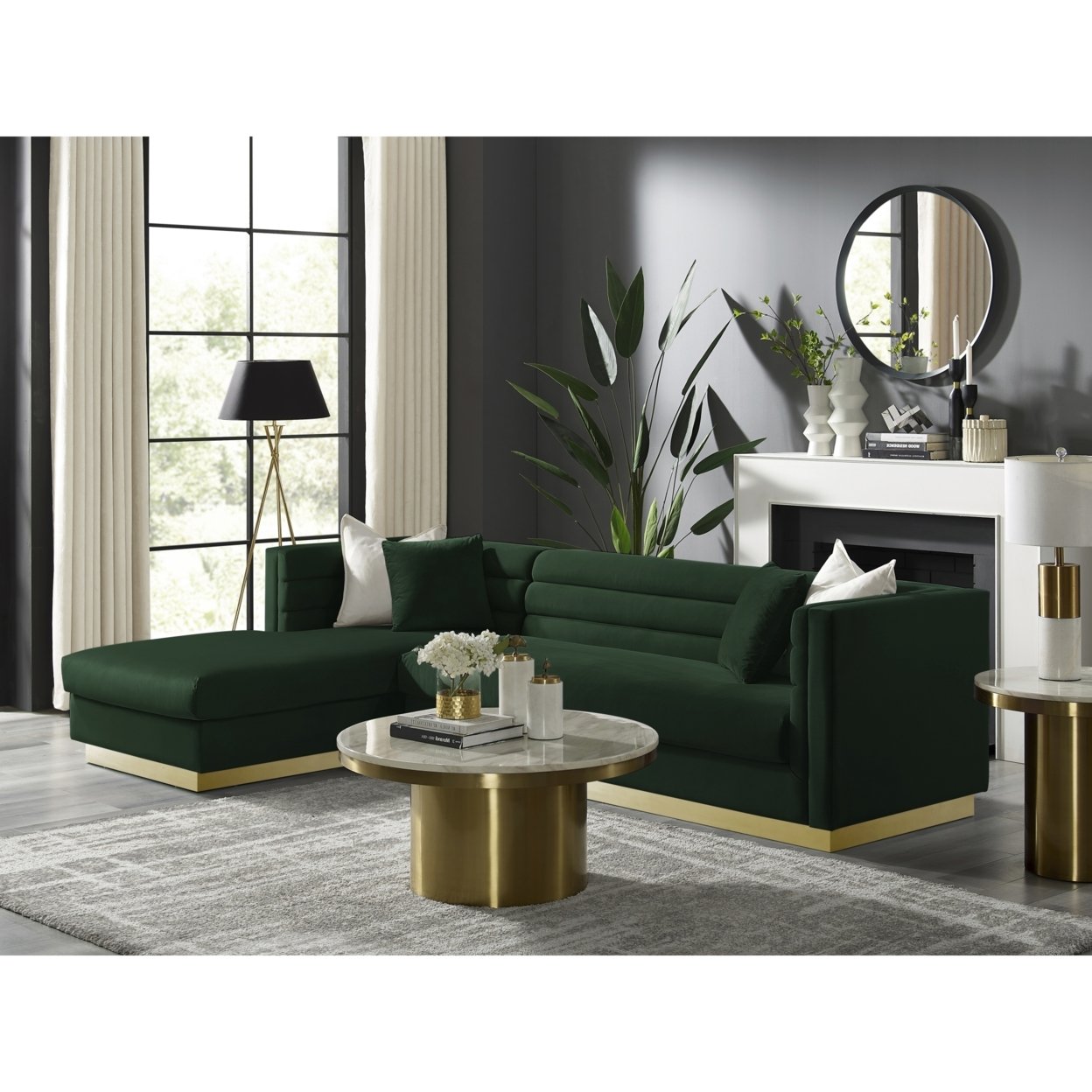 Aja Sofa-Upholstered-Sectional-Metal Base, Square Arms-Horizontal Channel Tufting - hunter green