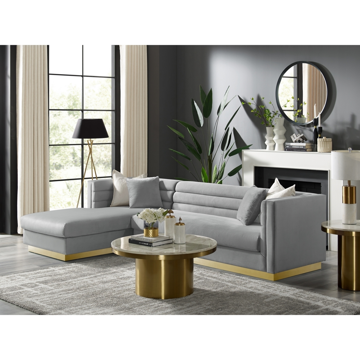 Aja Sofa-Upholstered-Sectional-Metal Base, Square Arms-Horizontal Channel Tufting - grey