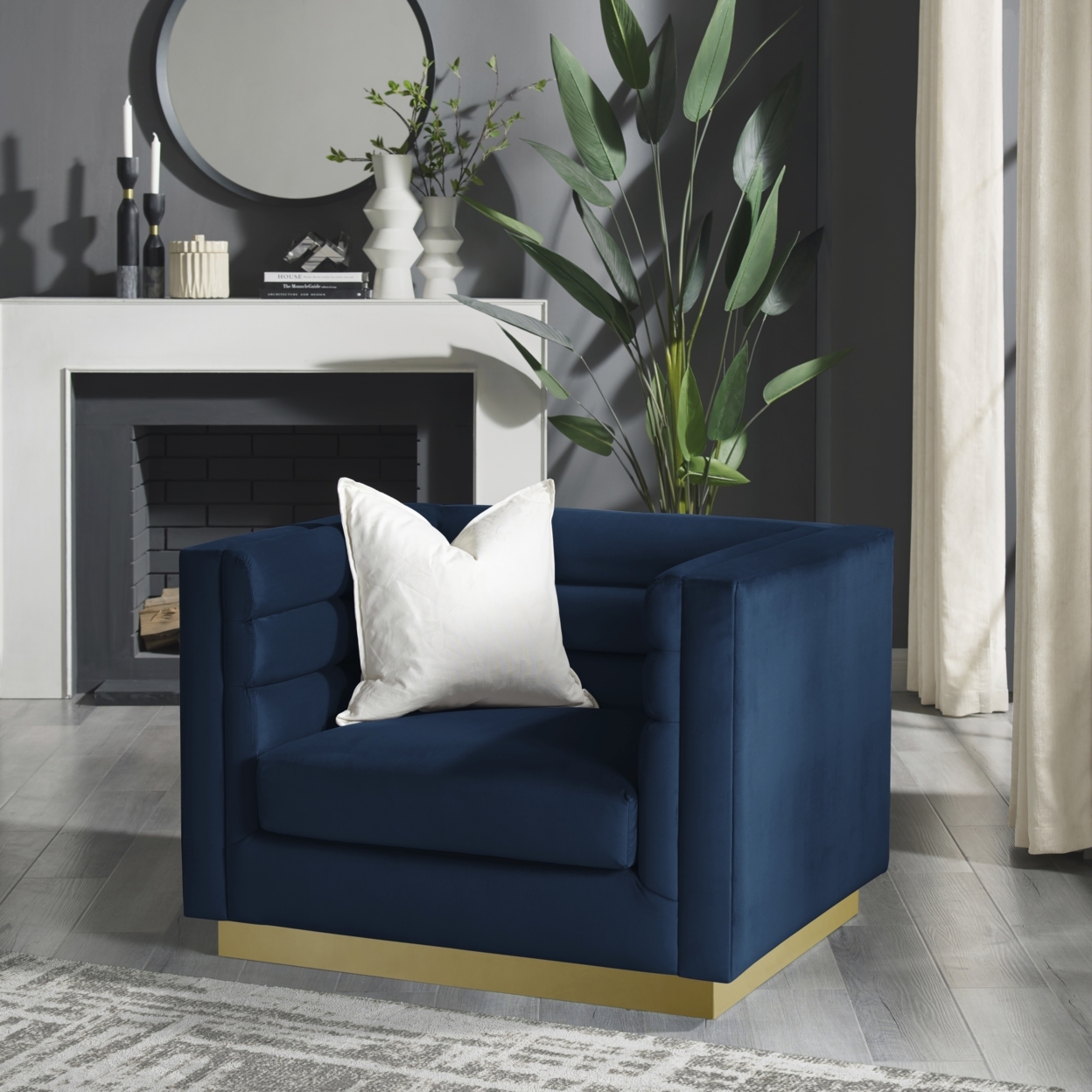 Aja Club Chair-Upholstered-Metal Base, Square Arms-Horizontal Channel Tufting - navy - navy blue