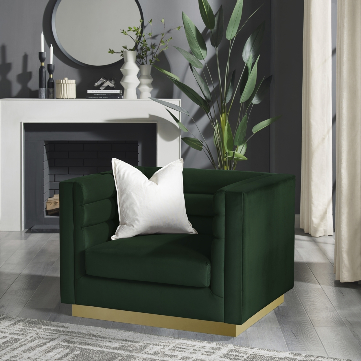 Aja Club Chair-Upholstered-Metal Base, Square Arms-Horizontal Channel Tufting - hunter green
