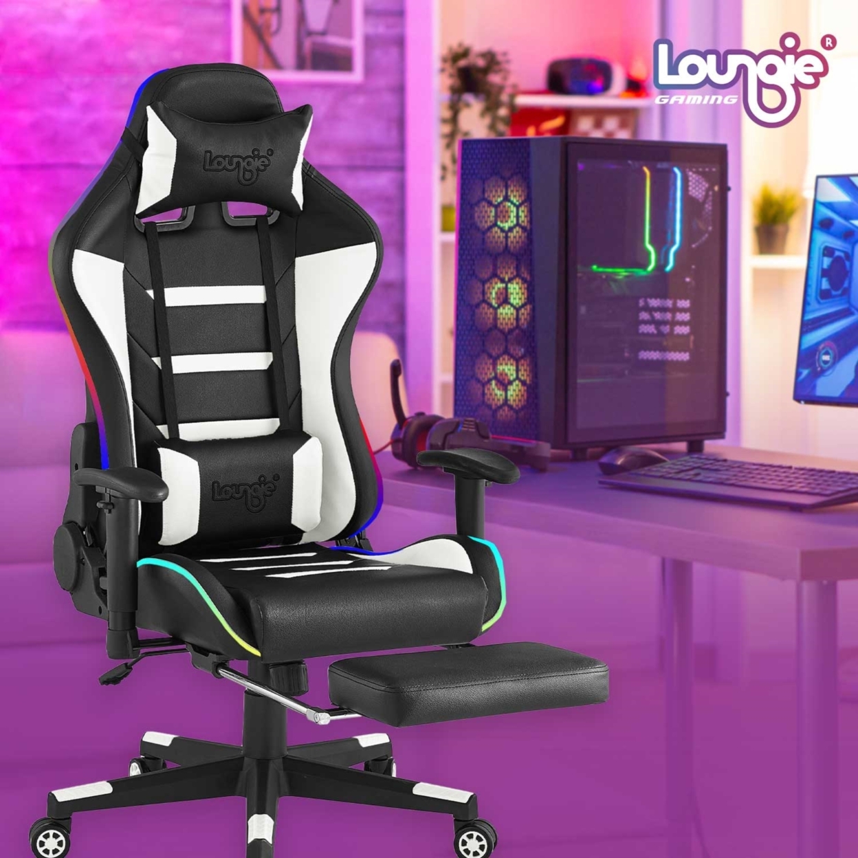 Katheryn Game Chair-Swivel, Adjustable Back Angle and Armrest-Multi-Color Lighting Effect, Audio Speaker-Neck Support - white