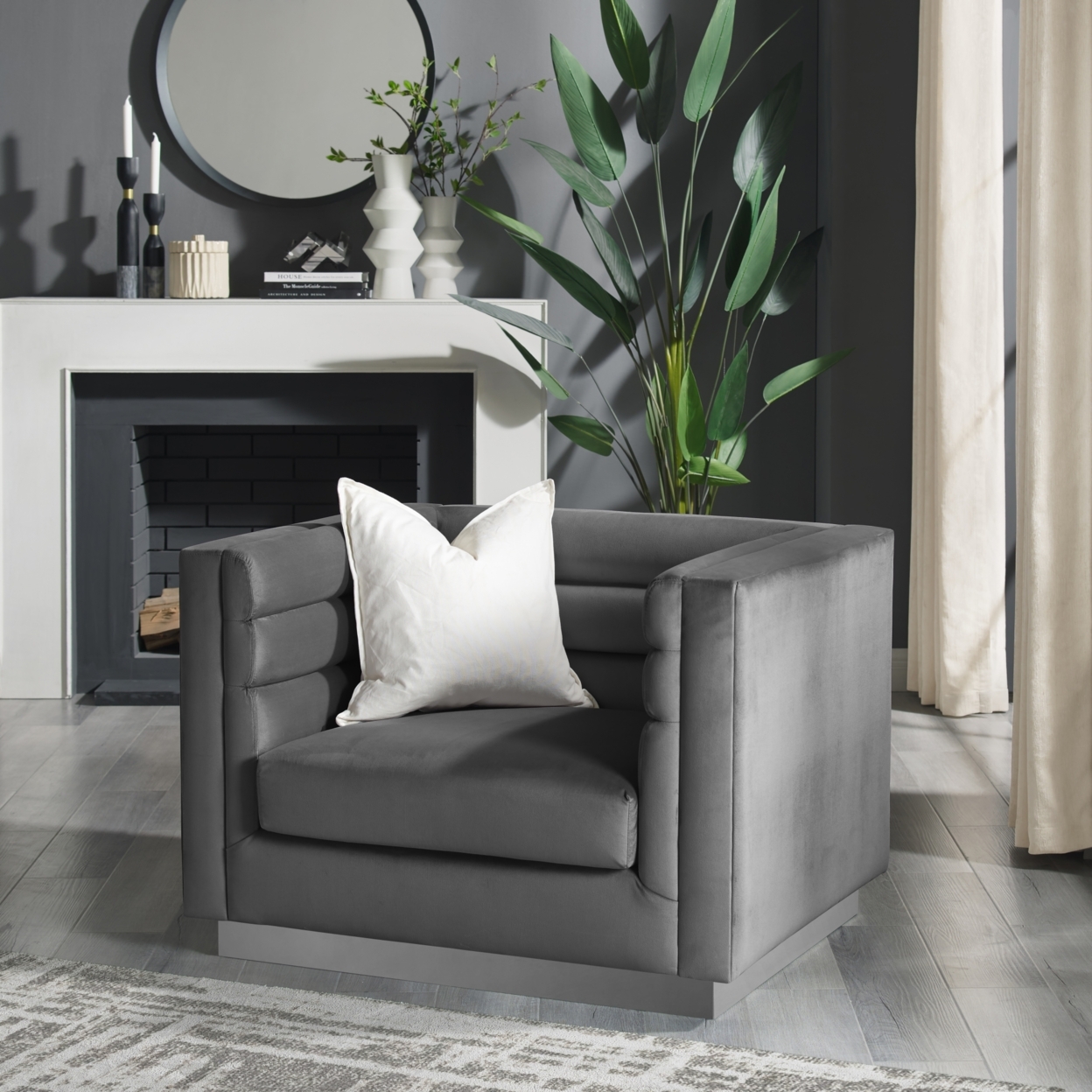 Aja Club Chair-Upholstered-Metal Base, Square Arms-Horizontal Channel Tufting - dark grey