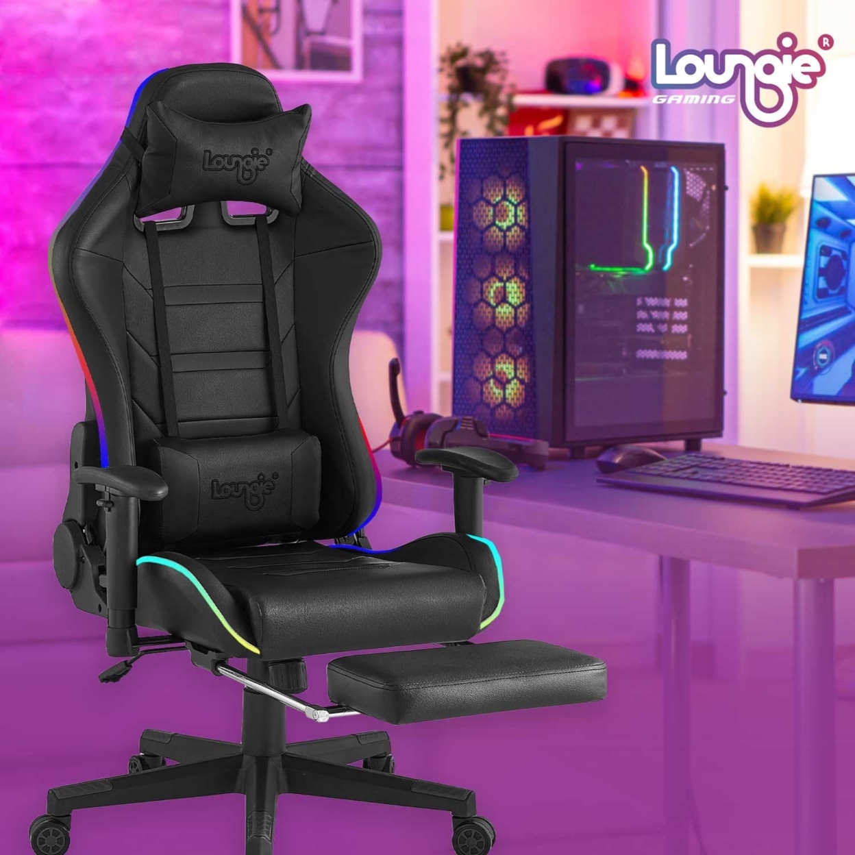 Katheryn Game Chair-Swivel, Adjustable Back Angle and Armrest-Multi-Color Lighting Effect, Audio Speaker-Neck Support - black