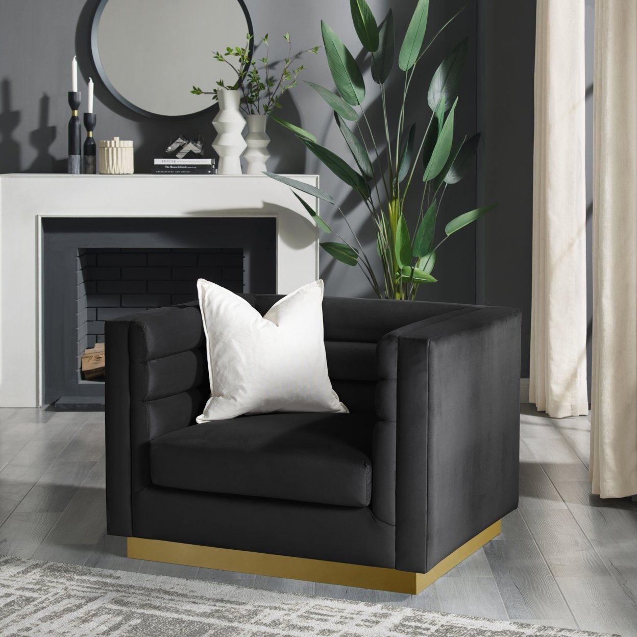 Aja Club Chair-Upholstered-Metal Base, Square Arms-Horizontal Channel Tufting - black
