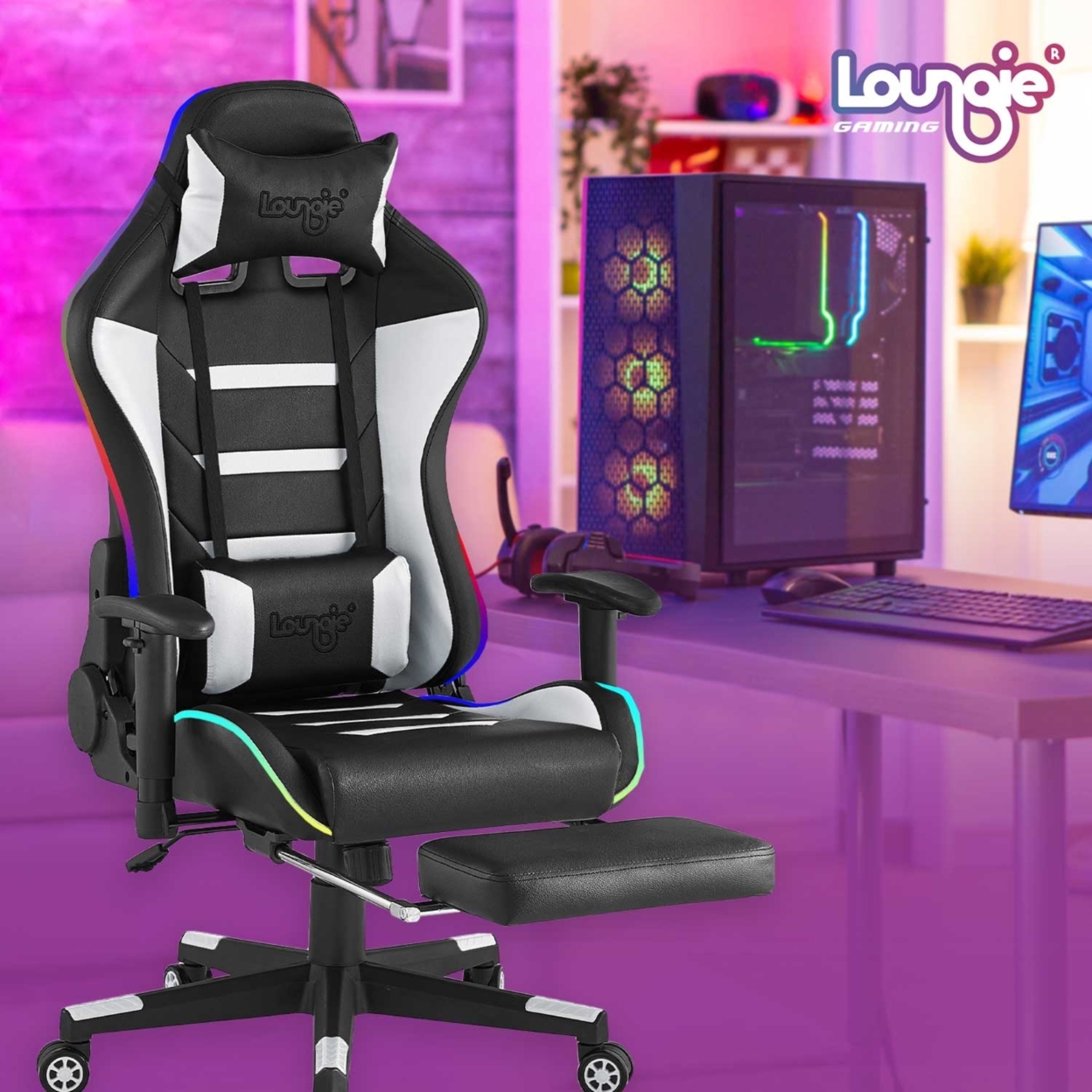 Katheryn Game Chair-Swivel, Adjustable Back Angle and Armrest-Multi-Color Lighting Effect, Audio Speaker-Neck Support - grey