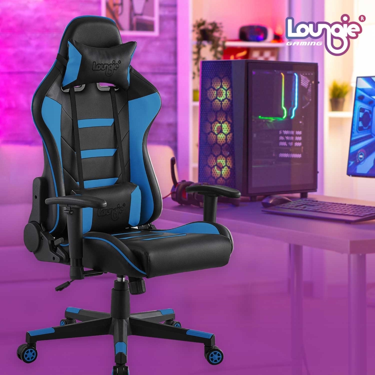 Brad Game Chair-Swivel, Adjustable Back Angle, Seat Height and Armrest-360 Degree Rotation-Neck Support, Lumbar Support Cushion - navy - navy blue