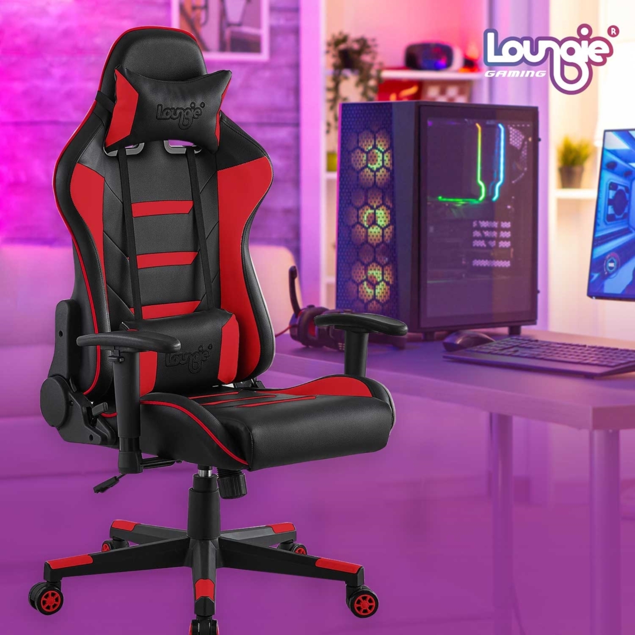 Brad Game Chair-Swivel, Adjustable Back Angle, Seat Height and Armrest-360 Degree Rotation-Neck Support, Lumbar Support Cushion - red