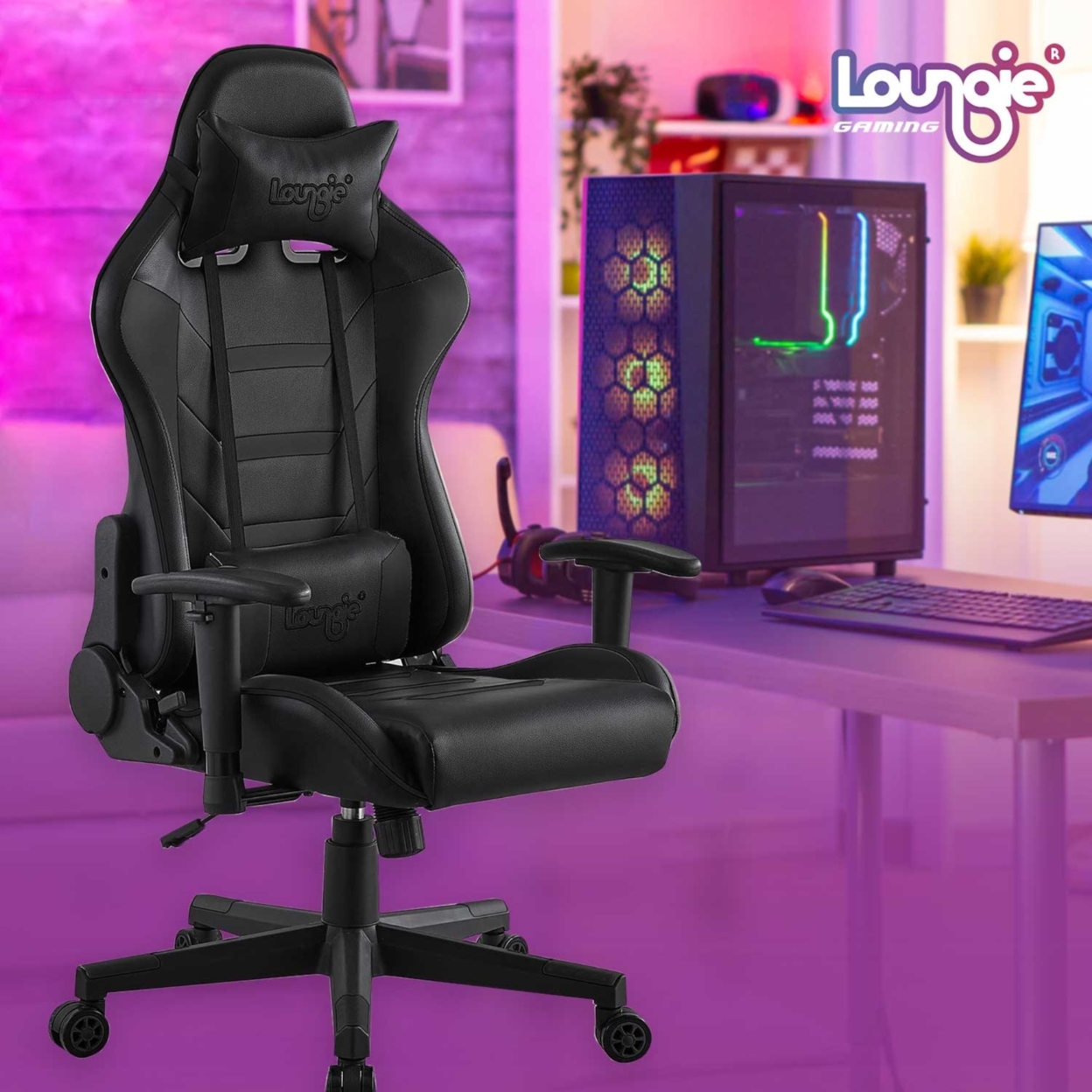 Brad Game Chair-Swivel, Adjustable Back Angle, Seat Height and Armrest-360 Degree Rotation-Neck Support, Lumbar Support Cushion - black