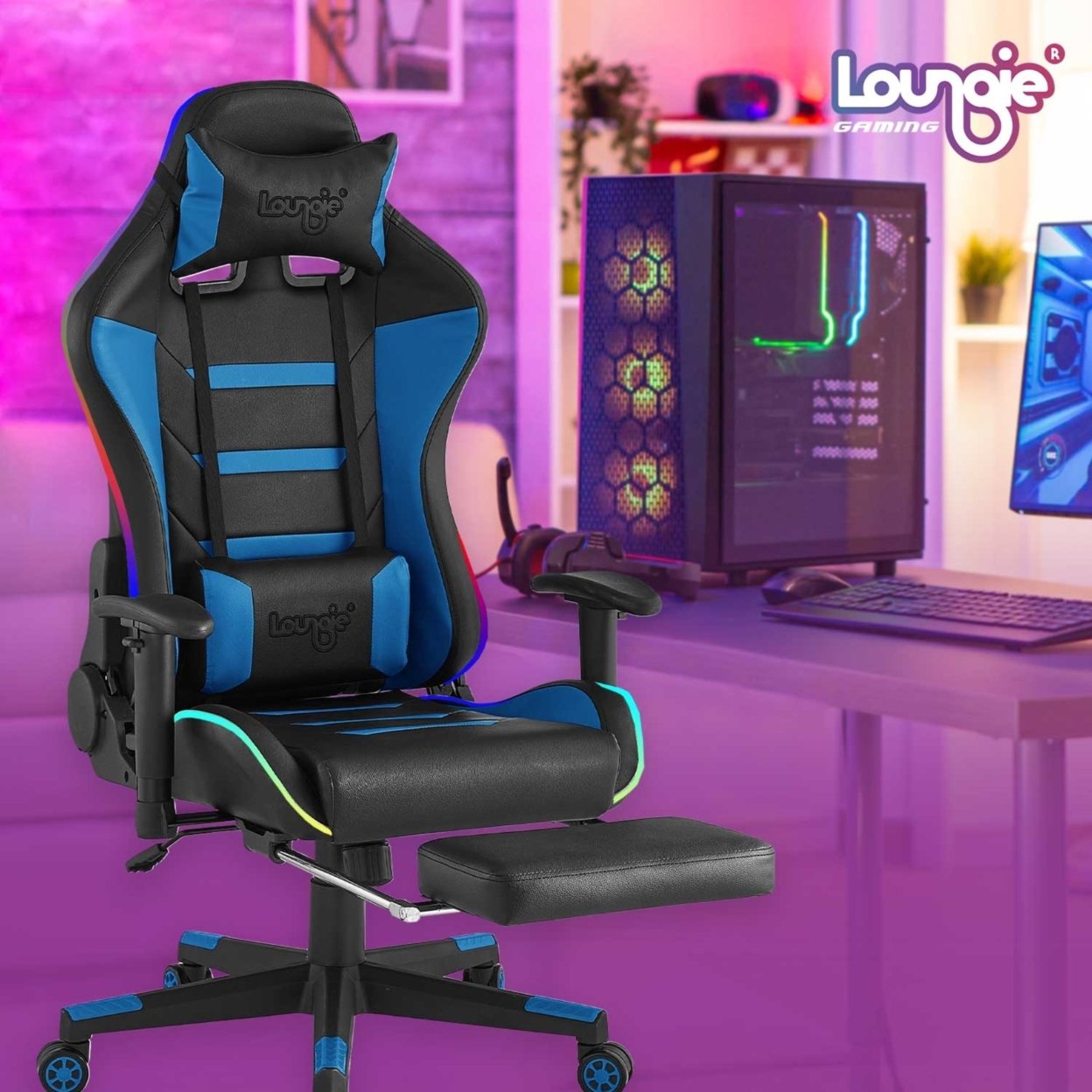 Katheryn Game Chair-Swivel, Adjustable Back Angle and Armrest-Multi-Color Lighting Effect, Audio Speaker-Neck Support - navy - navy blue