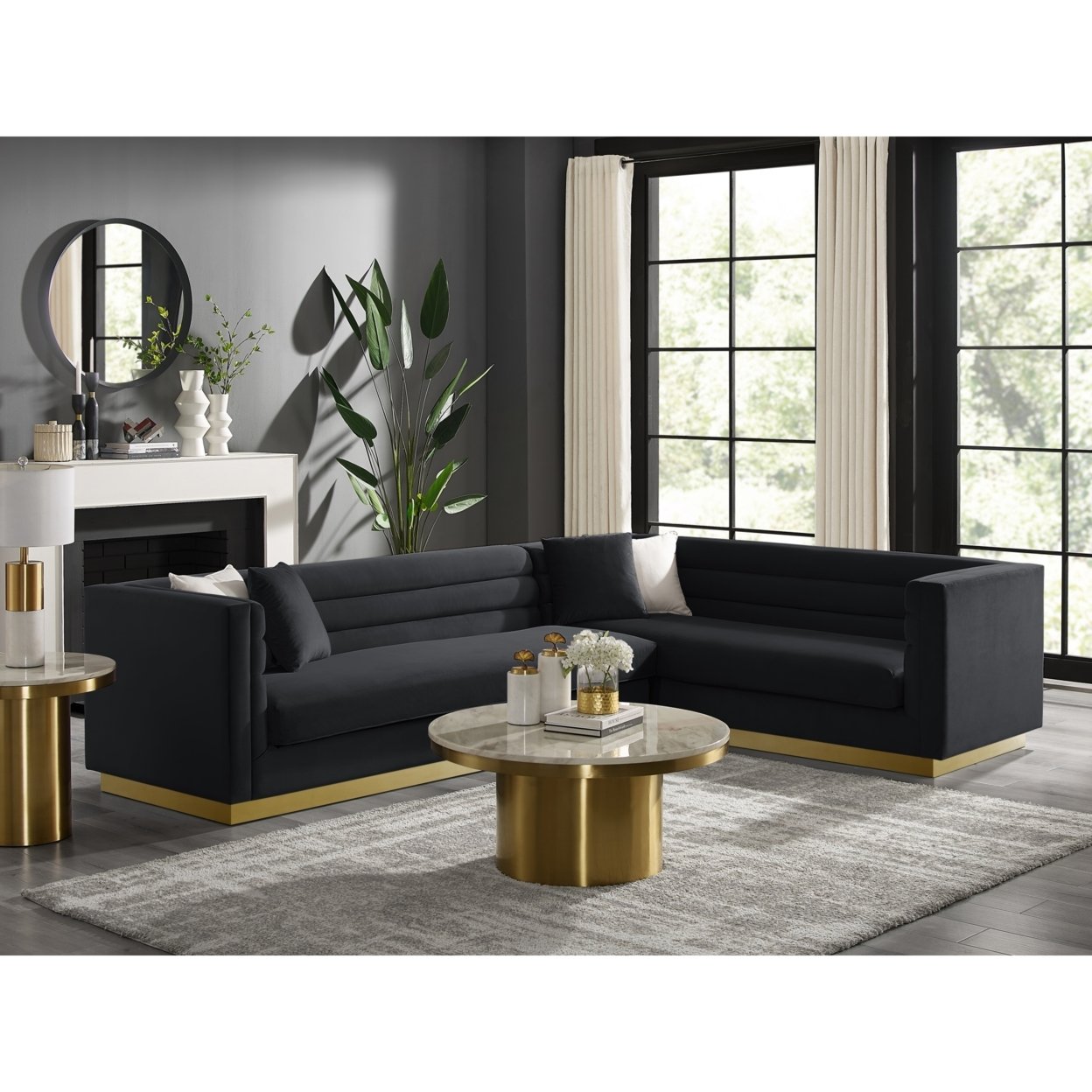 Aja Sofa-Upholstered-Metal Base, Sectional-Square Arms-Horizontal Channel Tufting - black