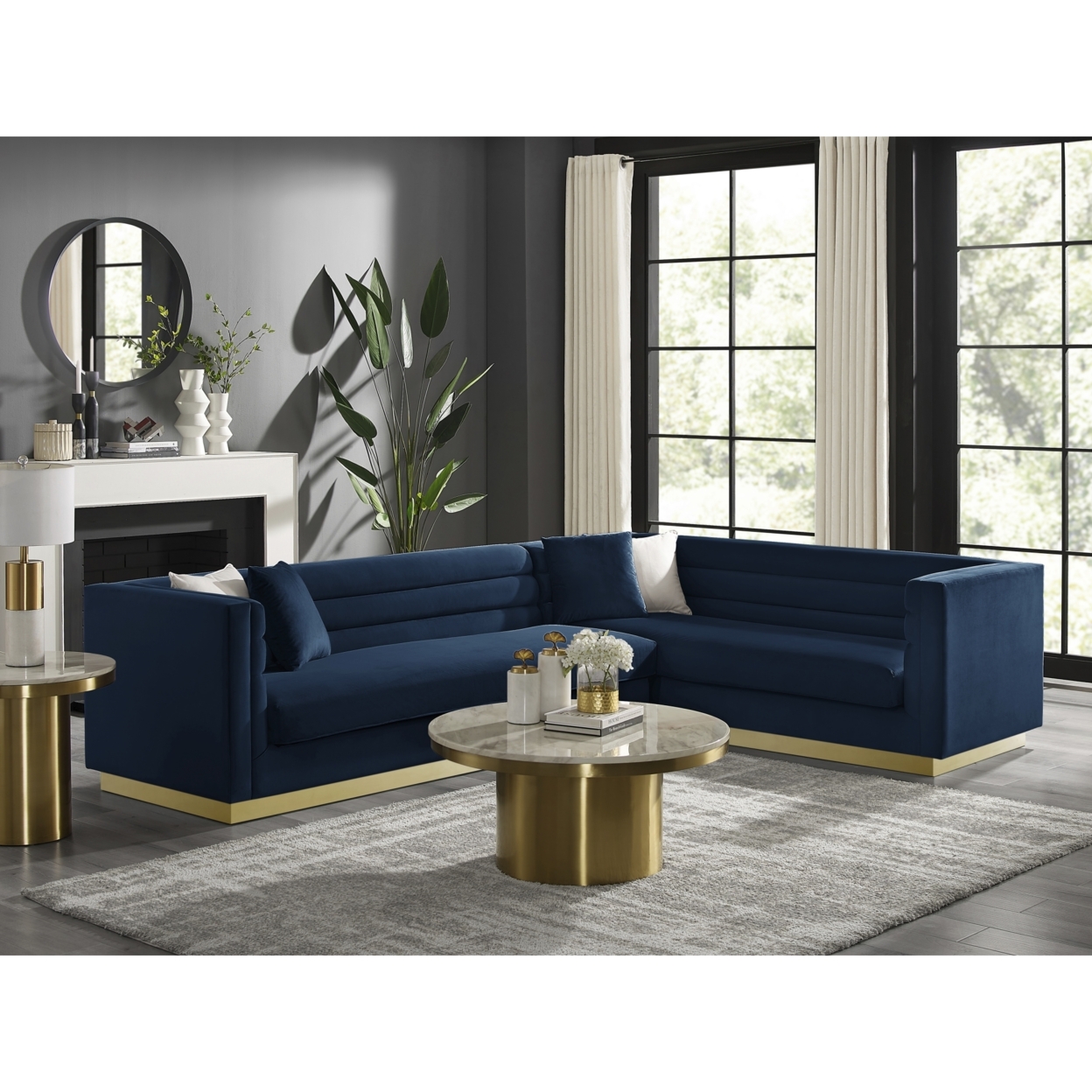 Aja Sofa-Upholstered-Metal Base, Sectional-Square Arms-Horizontal Channel Tufting - navy - navy blue