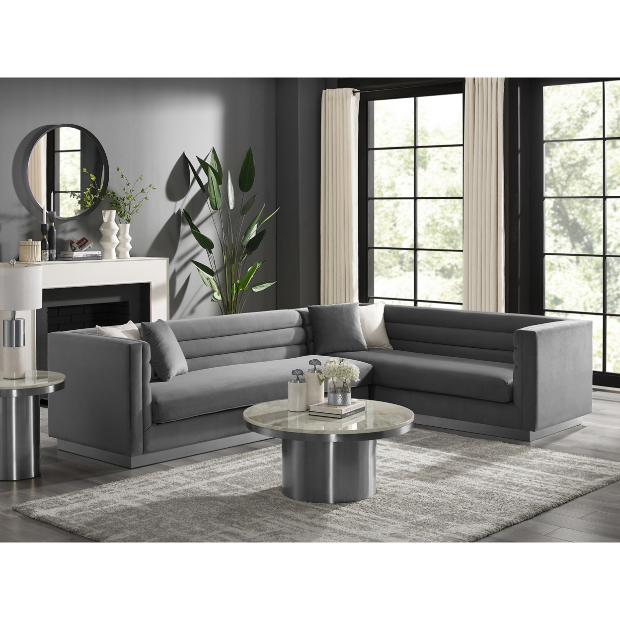 Aja Sofa-Upholstered-Metal Base, Sectional-Square Arms-Horizontal Channel Tufting - dark grey