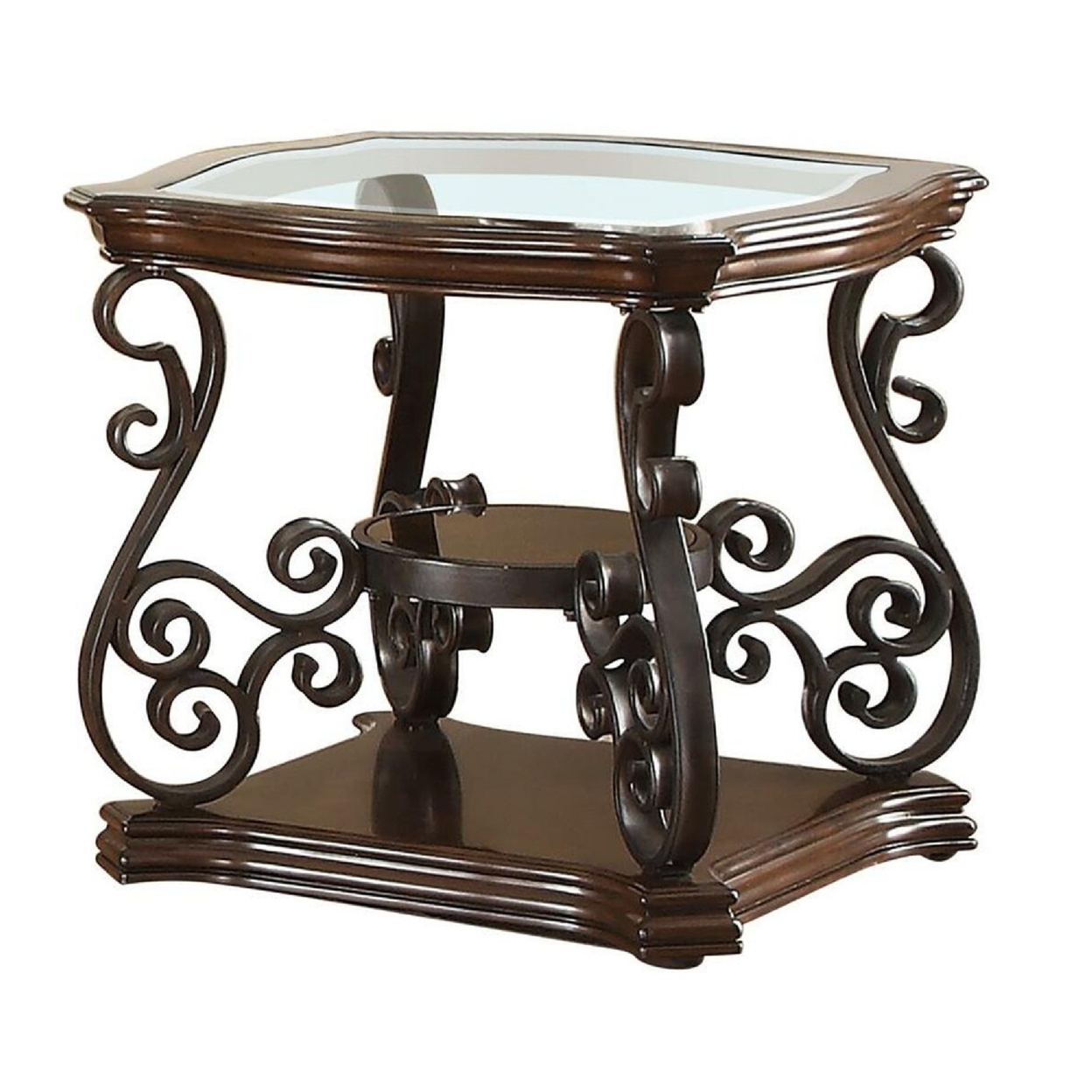 Traditional Solid End Table With Glass Inset, Metal Scrolls & 2 Shelves, Brown- Saltoro Sherpi