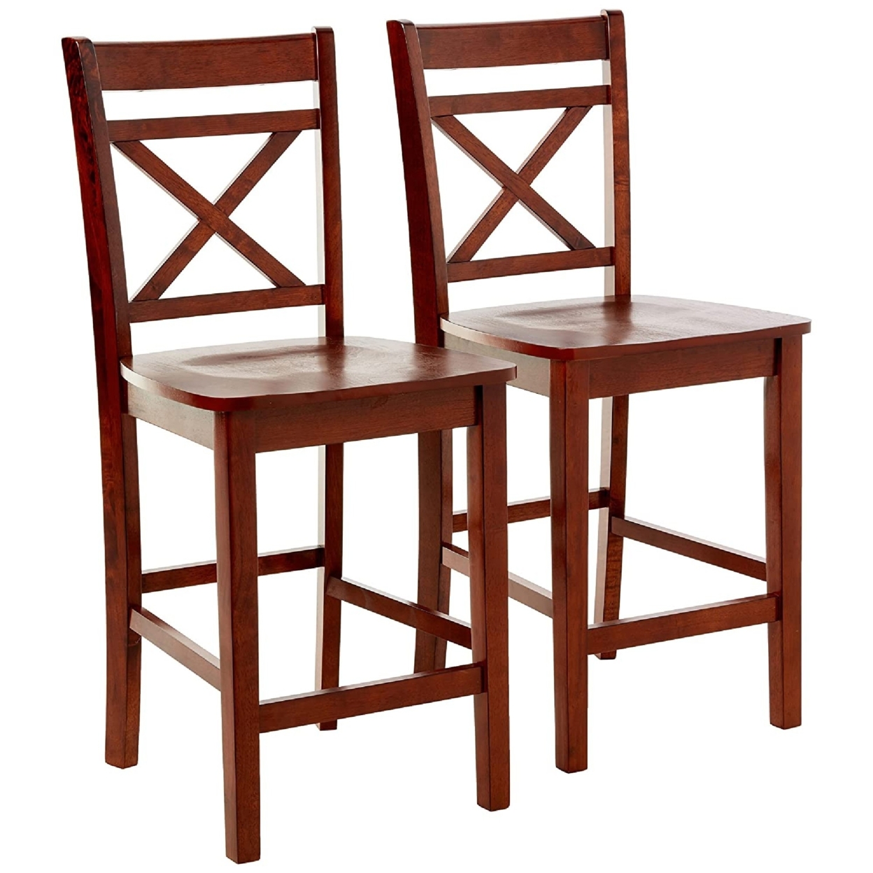 Wooden Counter Height Chair With Cross Back, Set Of 2, Cherry Brown- Saltoro Sherpi