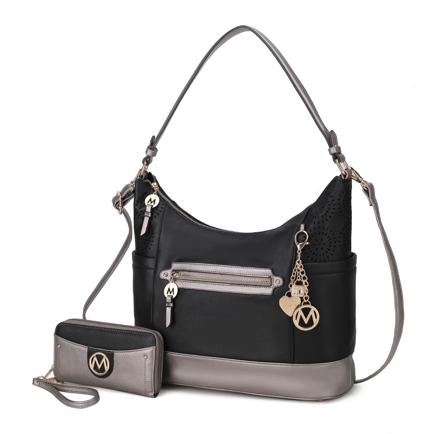 MKF Collection Charlotte Shoulder Handbag With Matching Wallet By Mia K - Black - Pewter