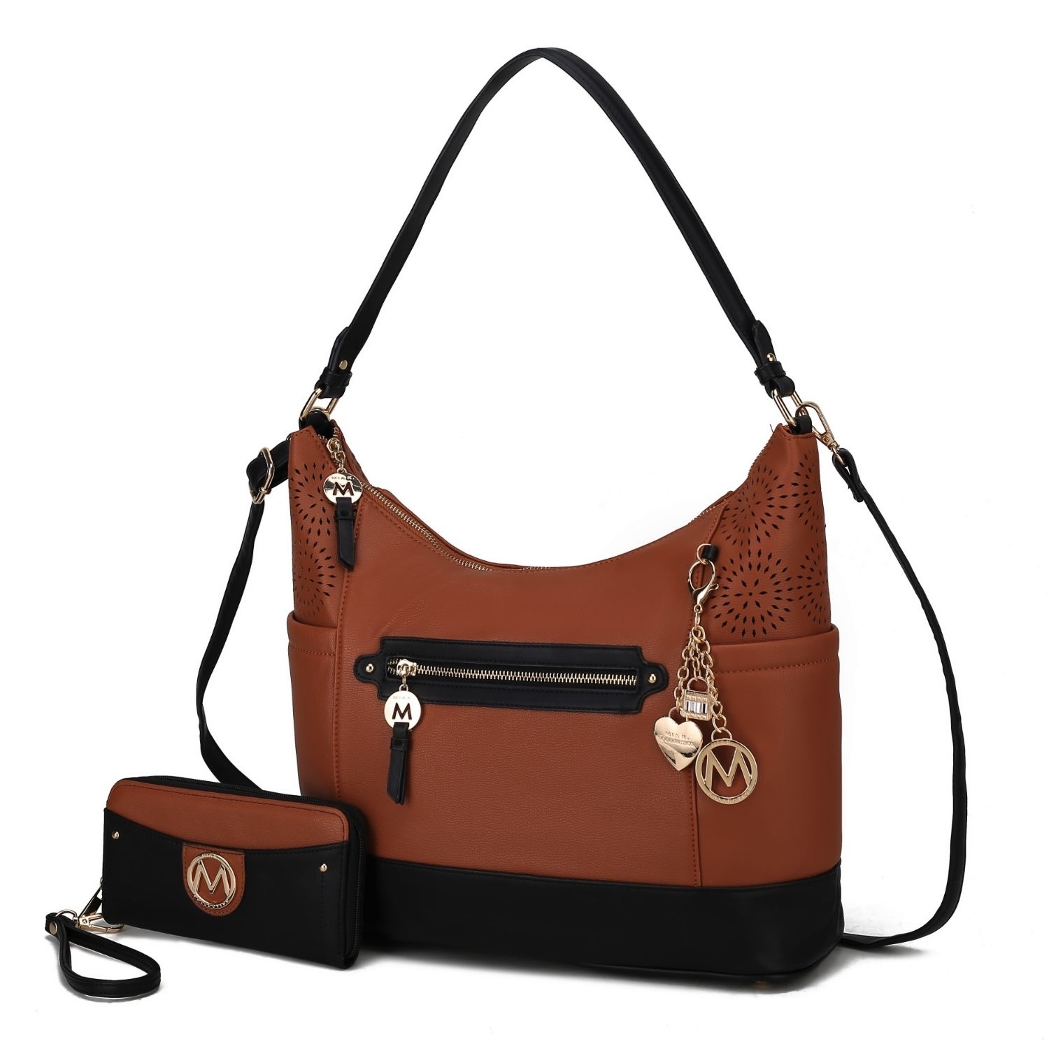 MKF Collection Charlotte Shoulder Handbag With Matching Wallet By Mia K - Cognac - Black