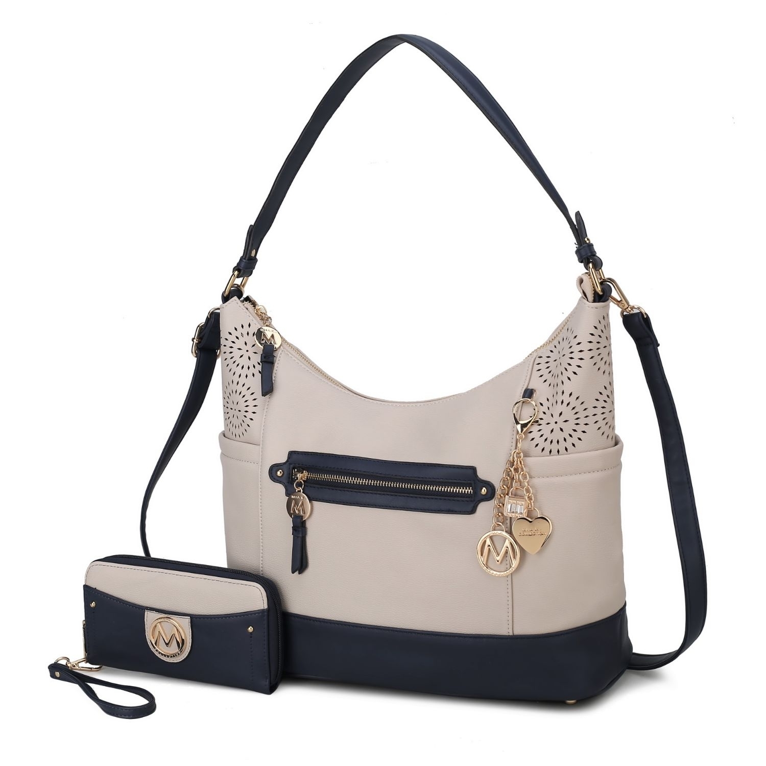 MKF Collection Charlotte Shoulder Handbag With Matching Wallet By Mia K - Ivory - Navy