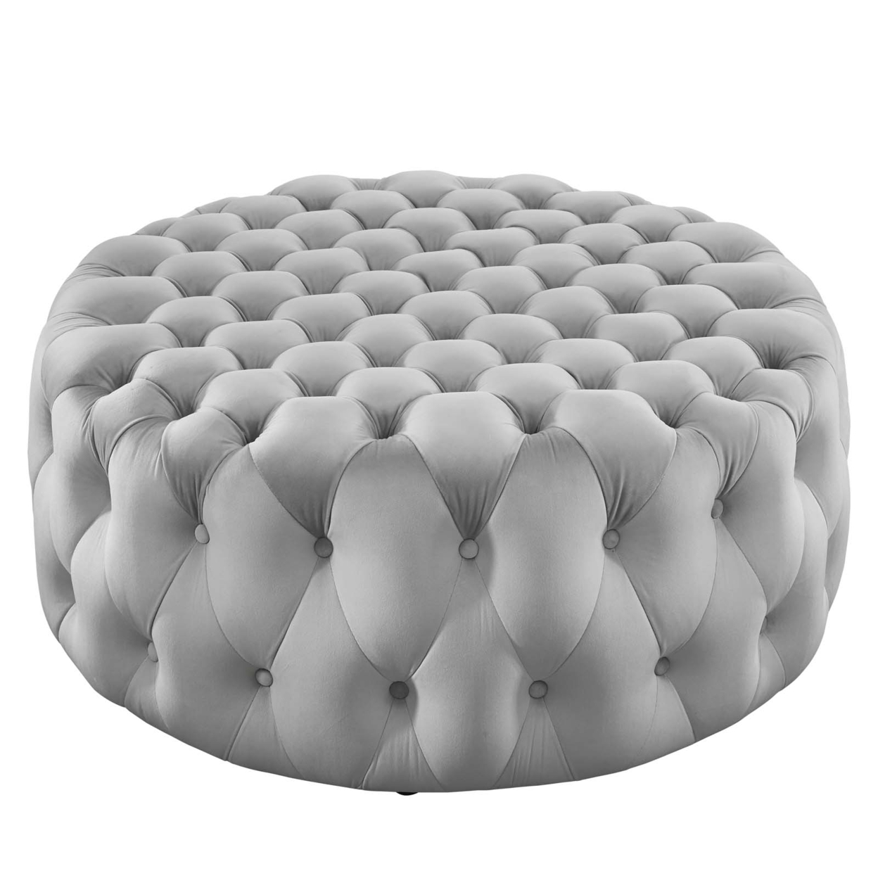 Amour Tufted Button Large Round Performance Velvet Ottoman, Light Gray