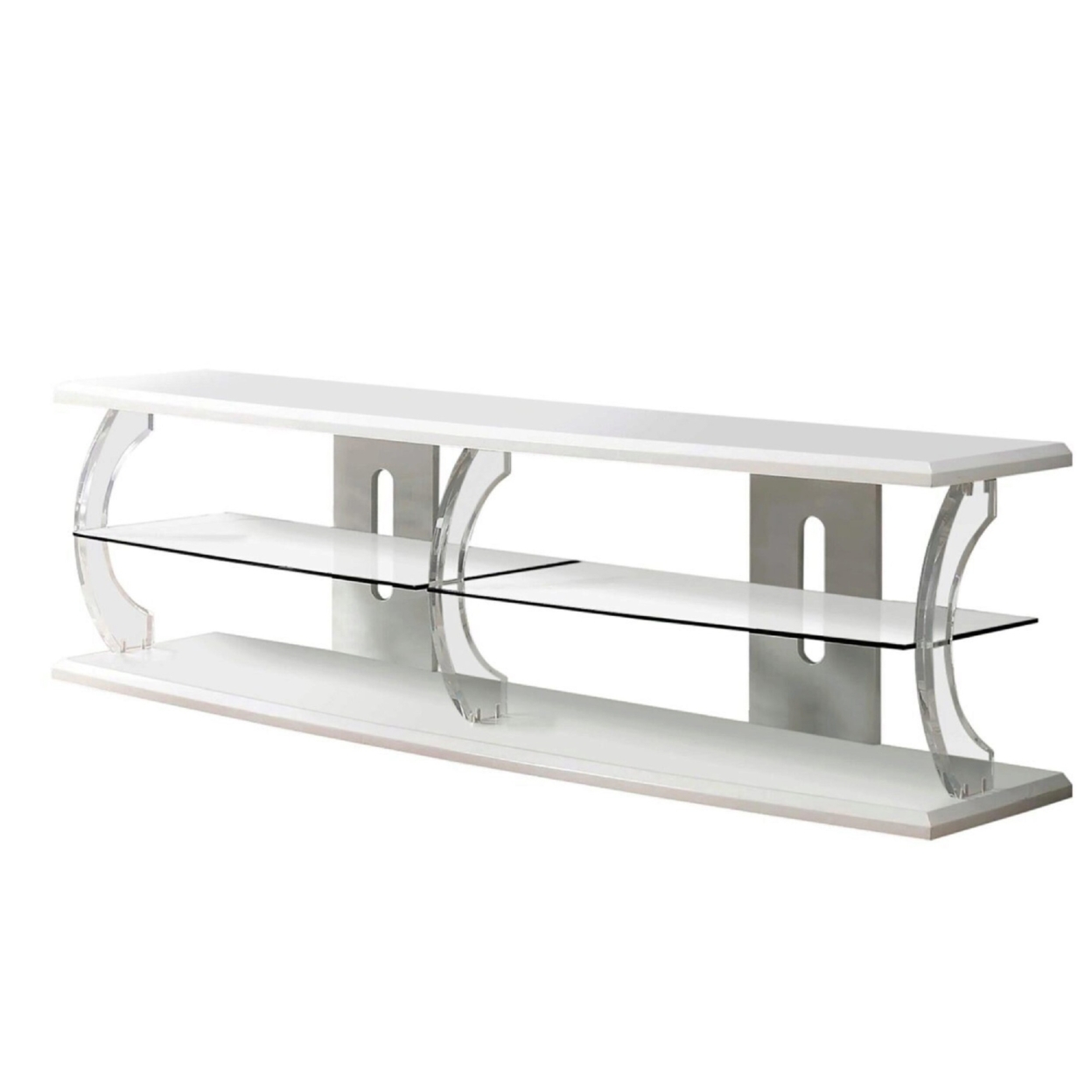 60 Wooden TV Stand With Spacious Glass Shelf, White And Clear- Saltoro Sherpi