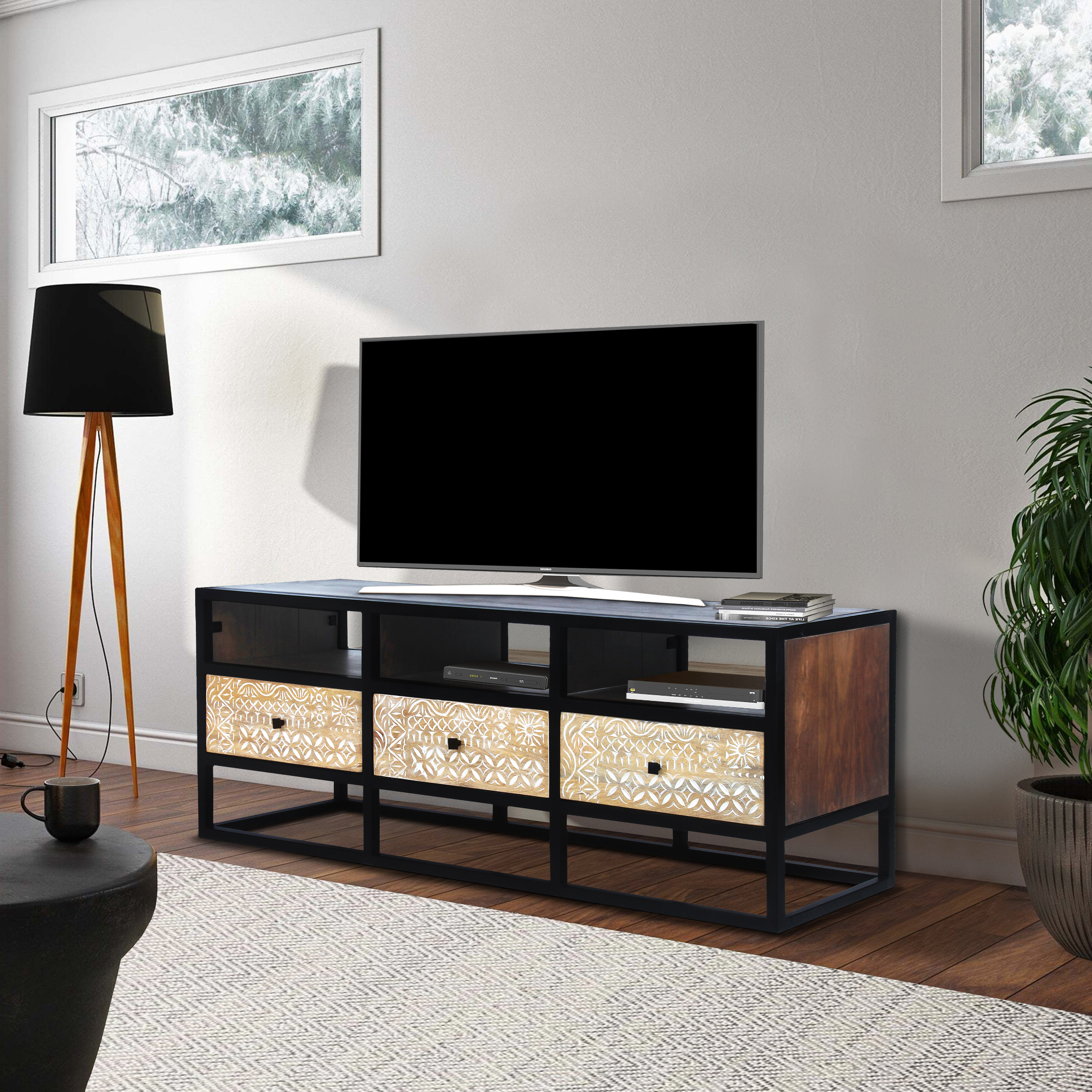 Carson 3 Drawer TV Cabinet Console with Metal Frame and 3 Open Compartments, Brown and Black, Saltoro Sherpi