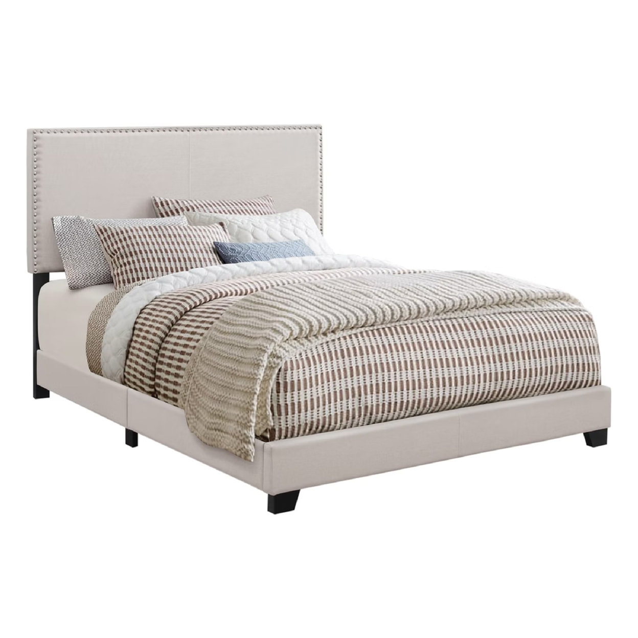 Fabric Upholstered Queen Size Platform Bed With Nail Head Trim, Ivory- Saltoro Sherpi
