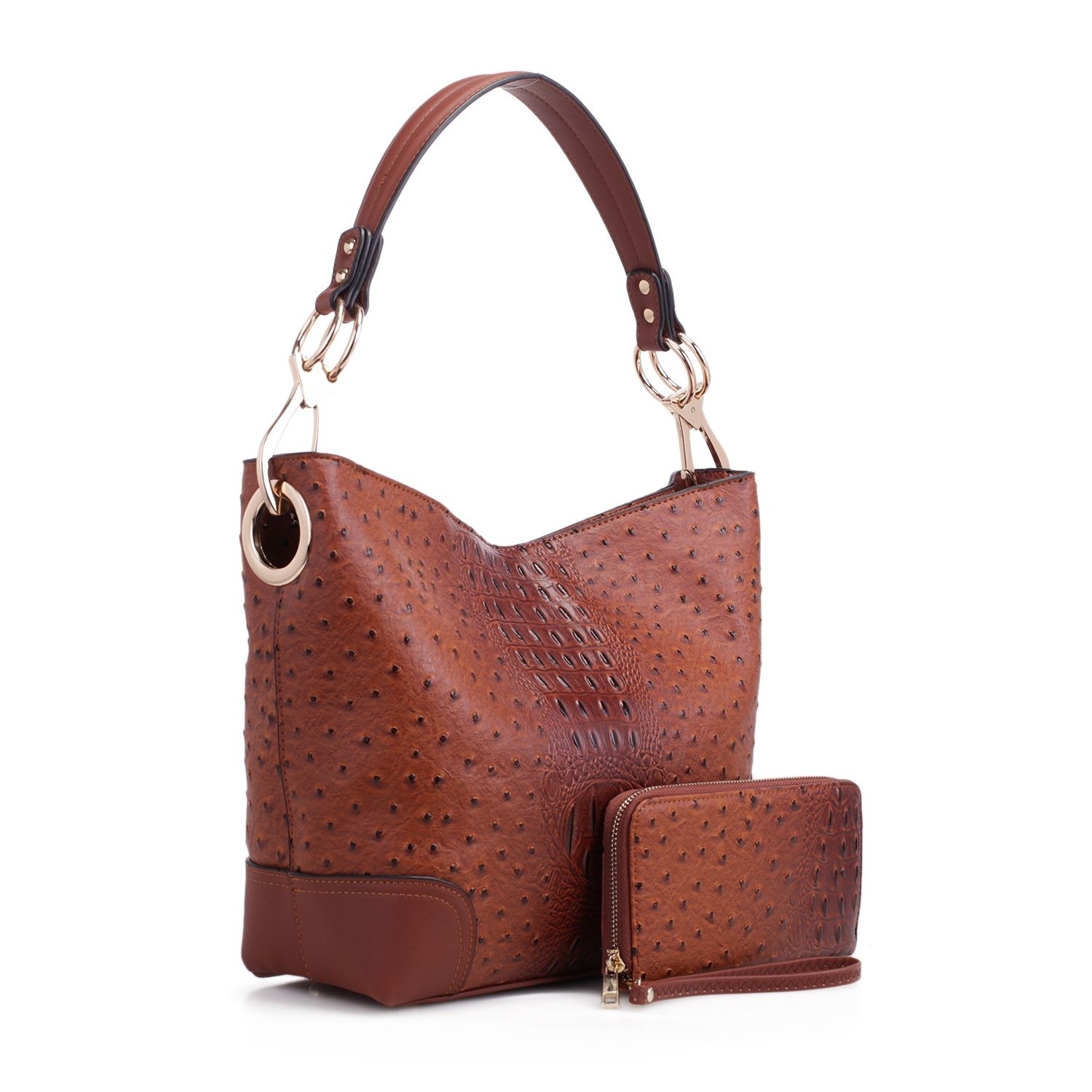 Wandy Crocodile-Embossed Vegan Leather Hobo Large Handbag & Wallet Set By Mia K. - Brown