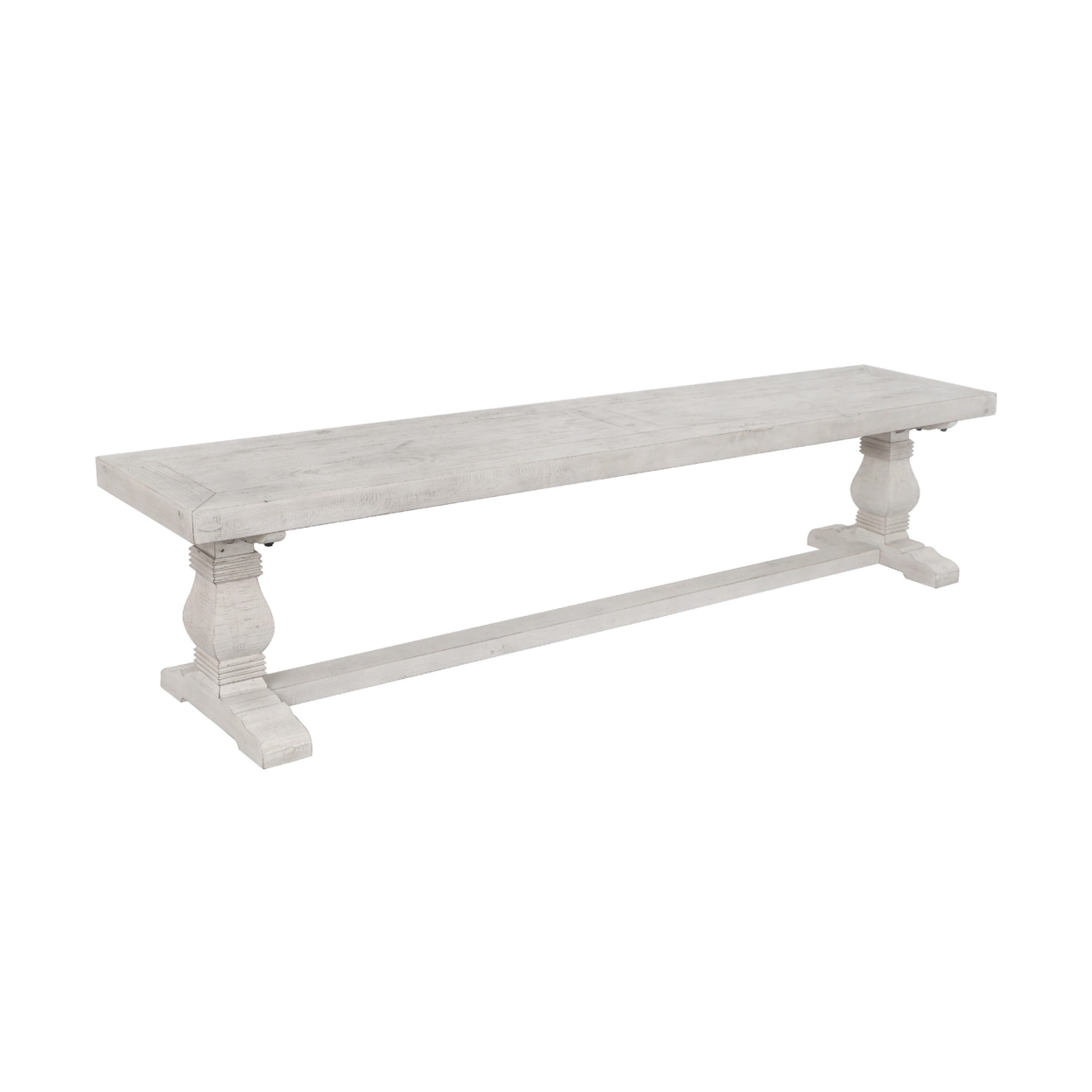 Kai 66 Inch Reclaimed Pine Dining Bench, Turned Pedestals, Antique White- Saltoro Sherpi