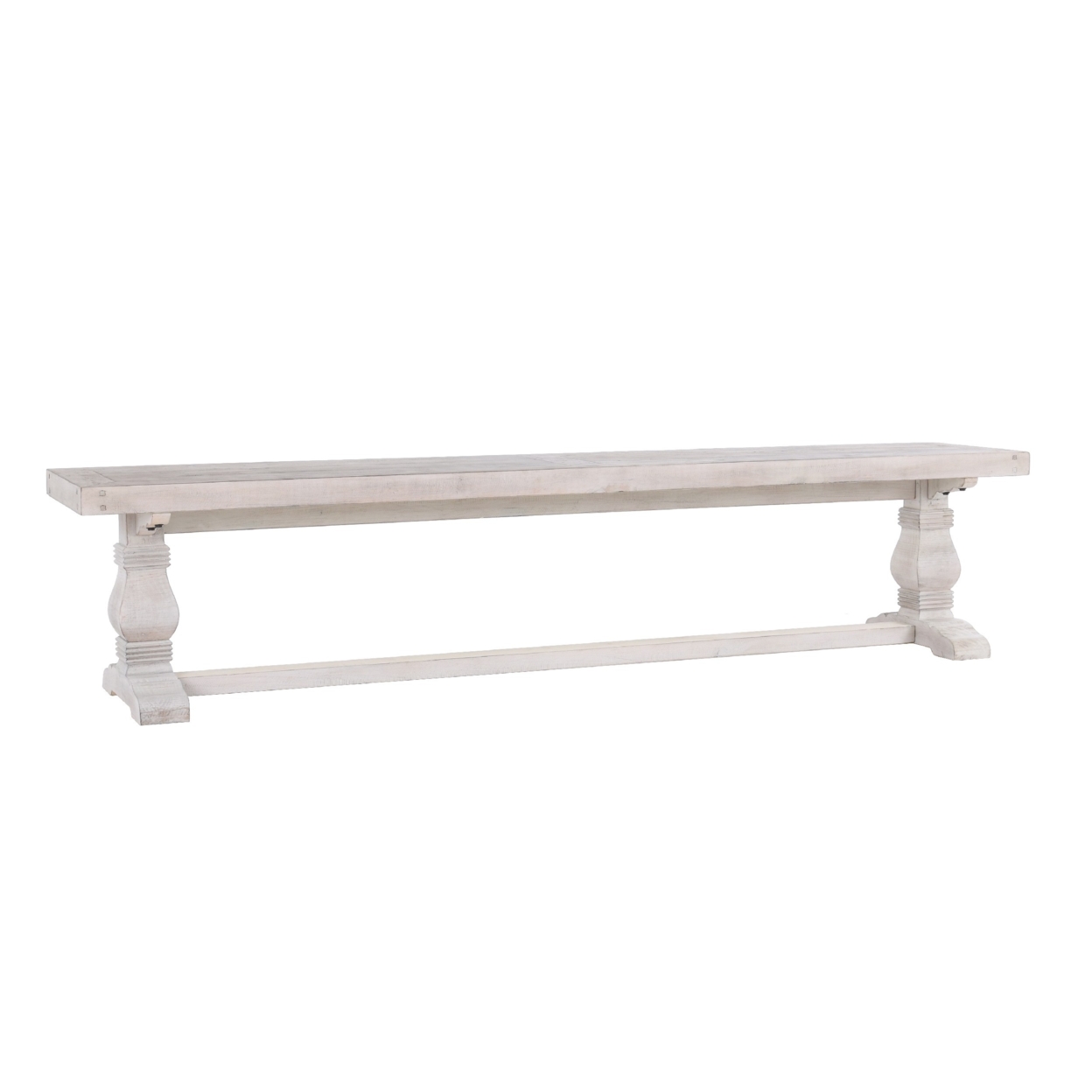 Kai 83 Inch Reclaimed Pine Dining Bench, Turned Pedestals, Antique White- Saltoro Sherpi