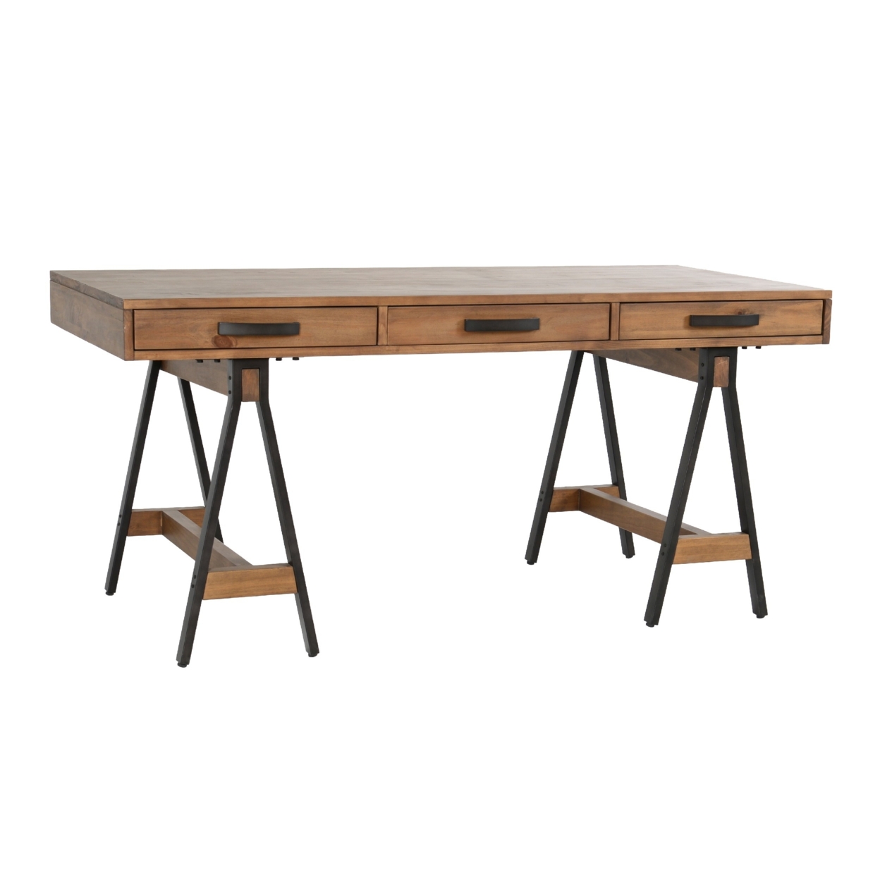 65 Inch Solid Wood Desk, Multipurpose, Sawhorse Metal Legs, Caramel- Saltoro Sherpi