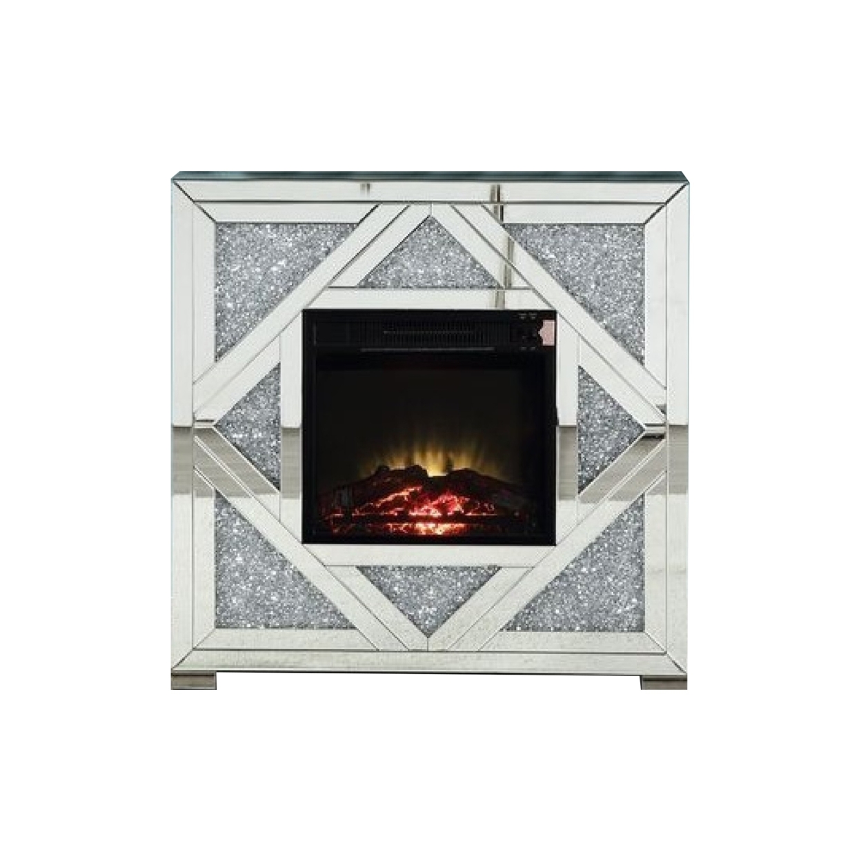 Noe 38 Inch Mirrored LED Electric Fireplace, Touch Pad, Faux Diamond Silver- Saltoro Sherpi