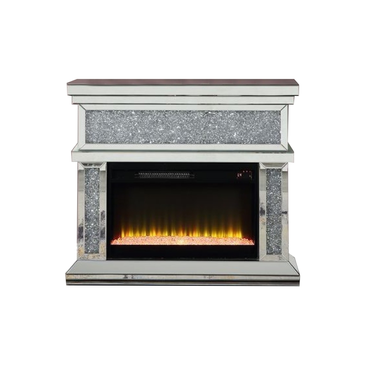 Noe 39 Inch Electric Fireplace, Mirrored, LED, Faux Diamond, Silver