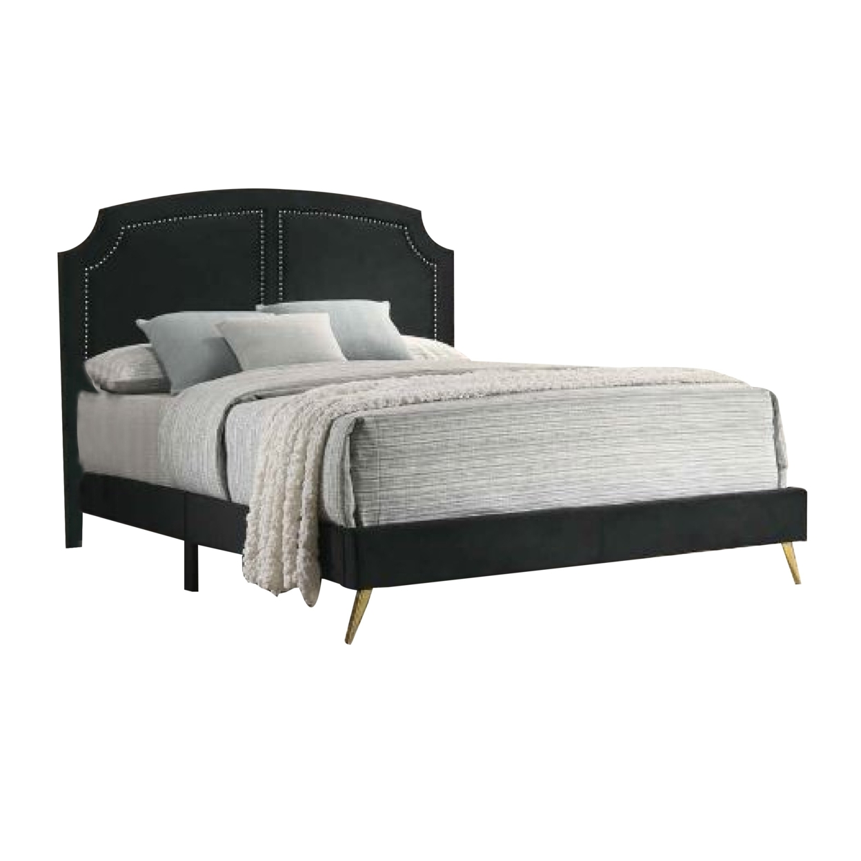 Lily Platform King Upholstered Bed, Padded Headboard, Black, Gold- Saltoro Sherpi